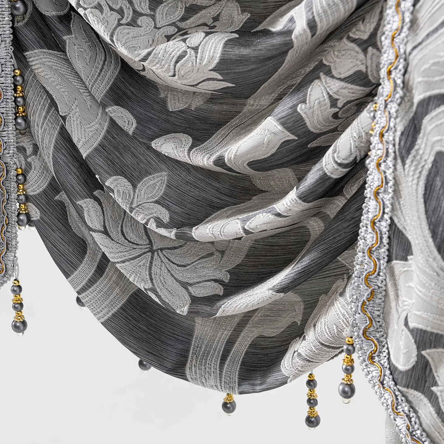 NAPEARL Cantonnières Grises pour fenêtres, Rideaux Jacquard Swag pour Salon, Rideaux Cascade damassés, cantonnière et guirlandes pour Chambre à Coucher, Cuisine (1 Panneau, 155 cm de Large)