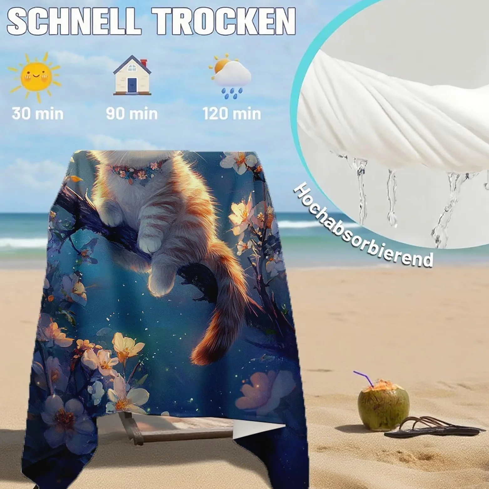 Serviette de Plage Microfibre Serviette Plage 100x220 2 Pack Séchage Rapide, Anti-Sable, Absorbante Fonction drap de plage xxl pour Bain, Sport, Voyages, Sauna, Piscine, Yoga, avec Sac Chat Q-4