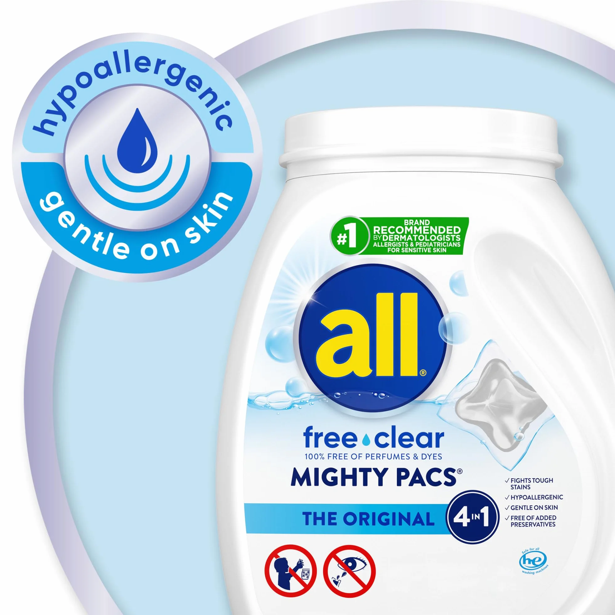 All Mighty Pacs Laundry Detergent Free Clear Sensitive Skin 66 Count (Lot de 2)
