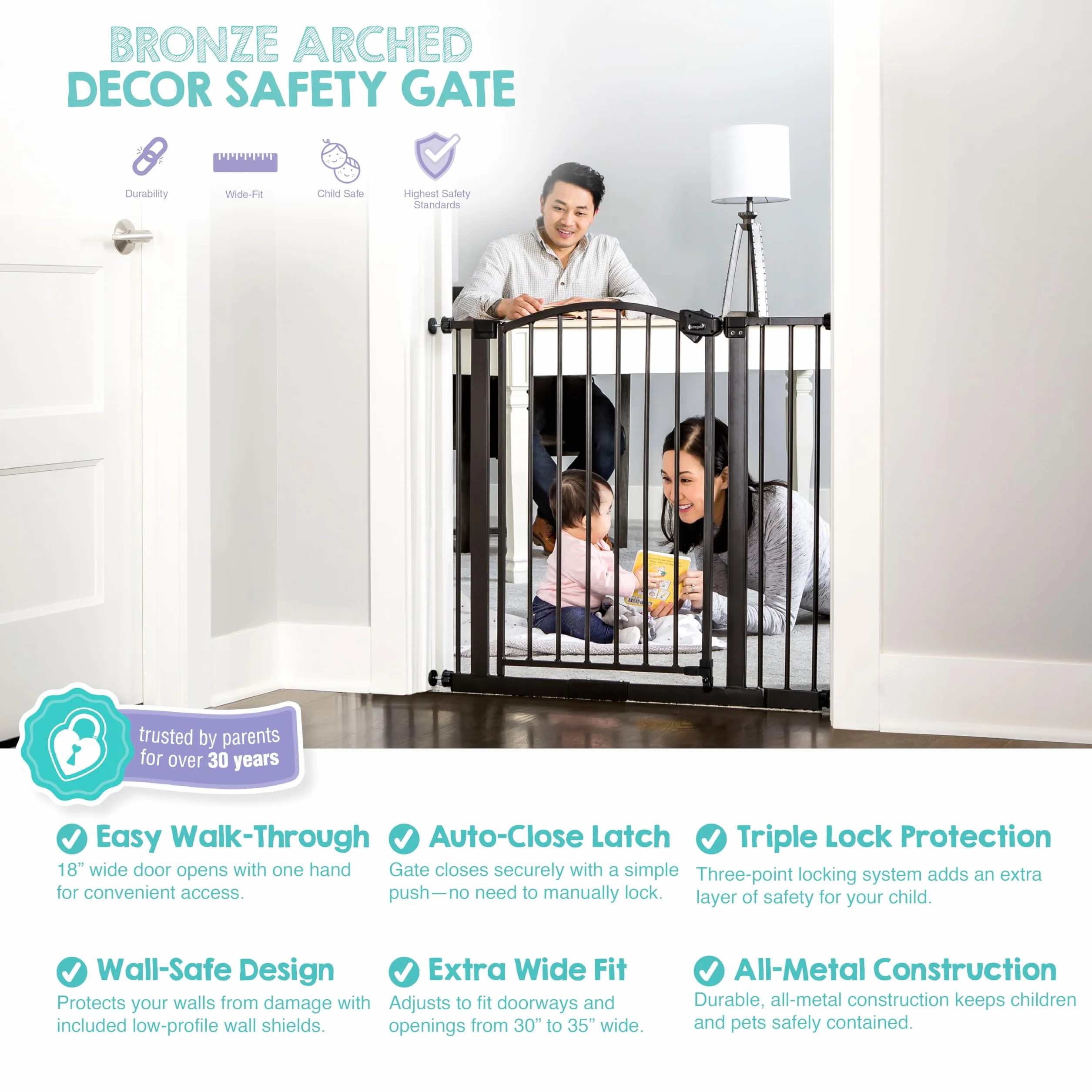 Regalo Safety Arched Baby Gate for Doorways & Stairs, 75-87cm, Pressure Mounted, Bronze