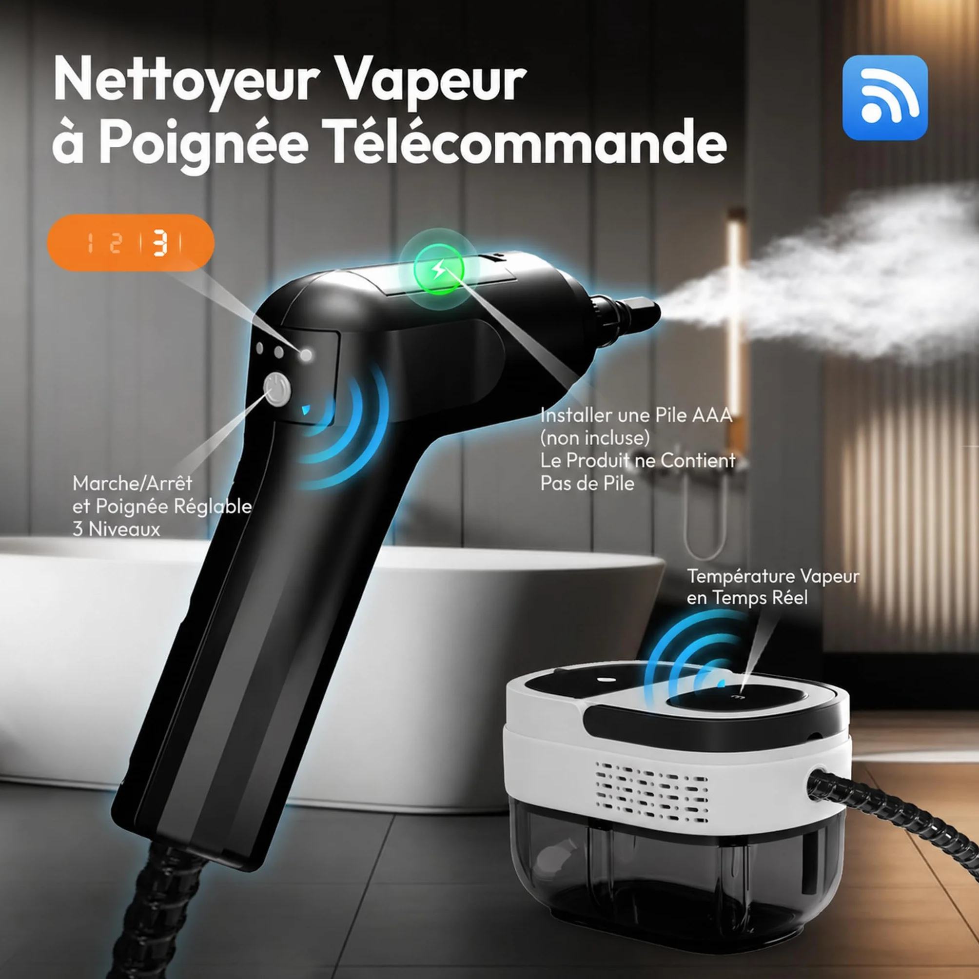 Nettoyeur Vapeur Portatif 1600ml, Steamer Multi-usage avec Poignée Réglable 3 Niveaux