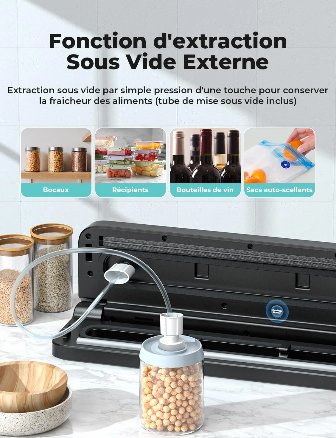 Machine Sous Vide Alimentaire 5 en 1, Appareil Sous Vide avec Mode Sec et Humide, 10 Sacs Inclus, Noir