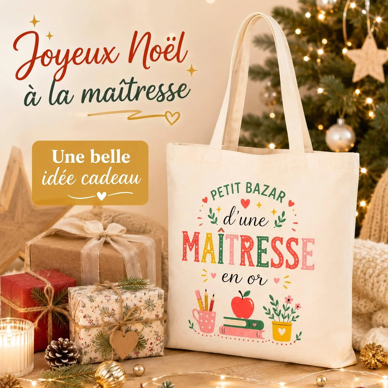 Tote Bag Cadeau Maîtresse d'École Original Joyeux Noël Sac Cabas Fin d'Année
