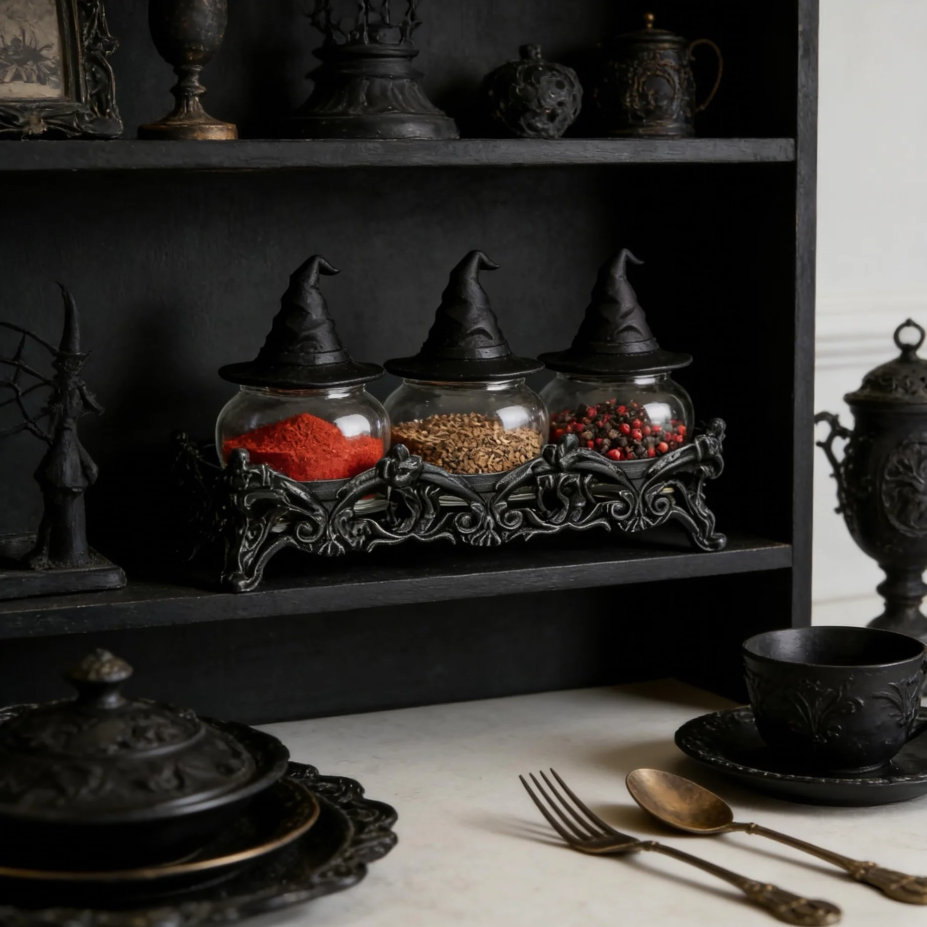 Chapeau de sorcière bocal d'épices hibou avec support résine Gothique couvercles Décoration maison (3pcs)