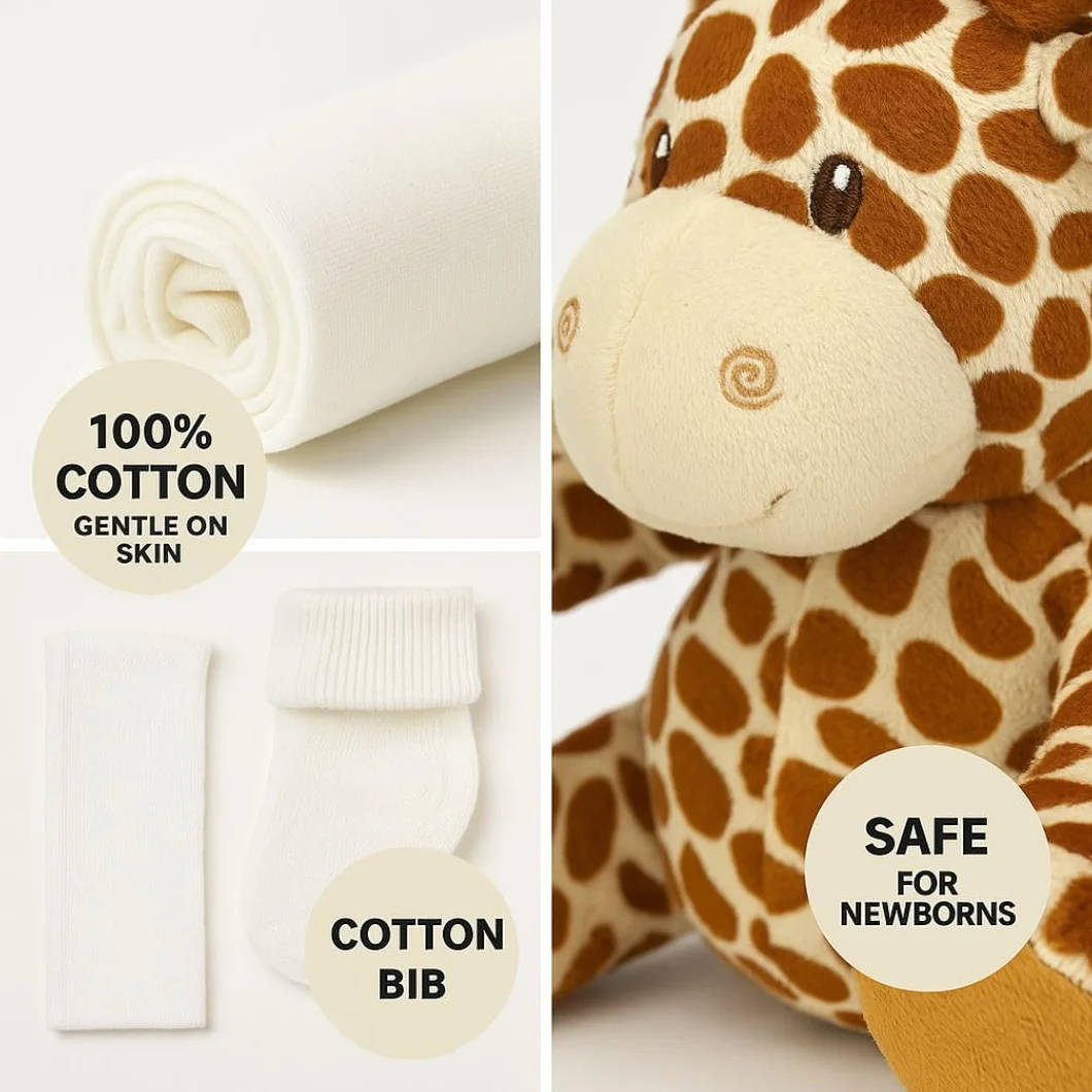 Gâteau de couches neutres unisexe – Mousseline carrée enveloppante 9 couches, bavoir, chaussettes et girafe en peluche douce