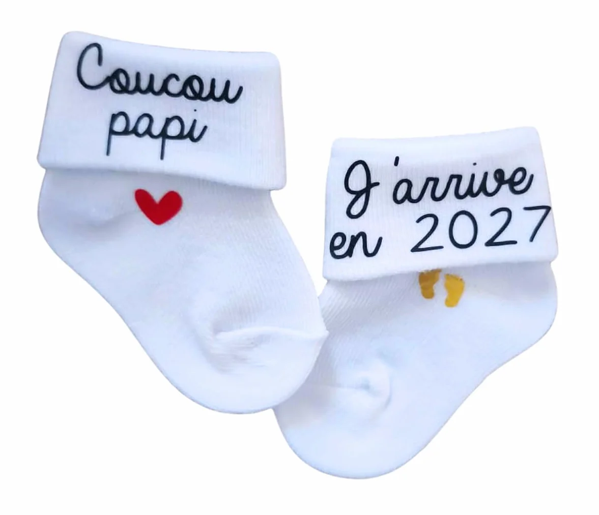 Chaussettes d'annonce de grossesse bébé thème coucou j'arrive 2027