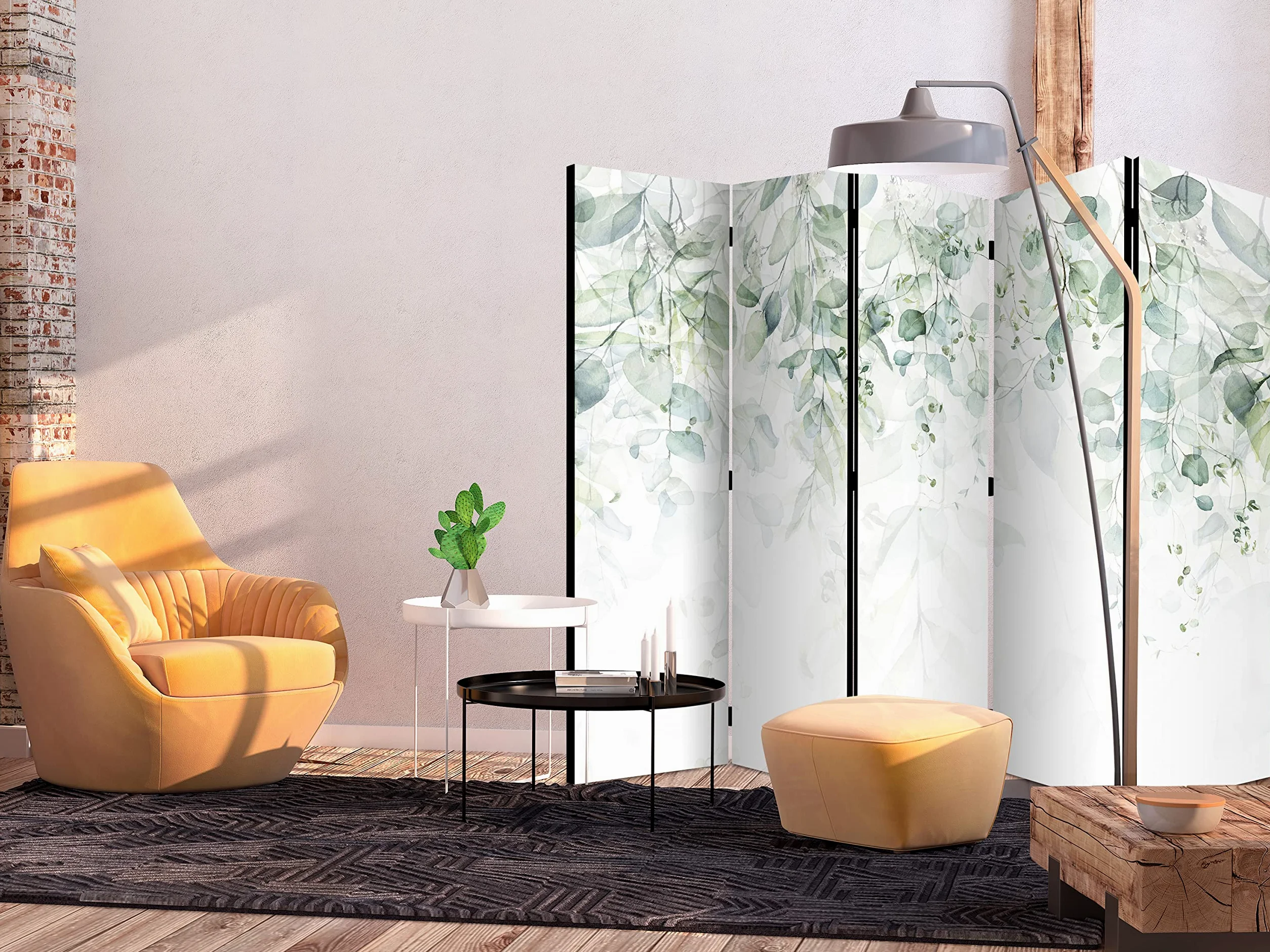 decomonkey Paravent décoratif intérieur Plante Gris Vert 225x172 cm | Cloison de séparation, Paravent en Bois, seul côté, Forêt Jungle Arbres Feuilles Nature Tendances Couleurs de