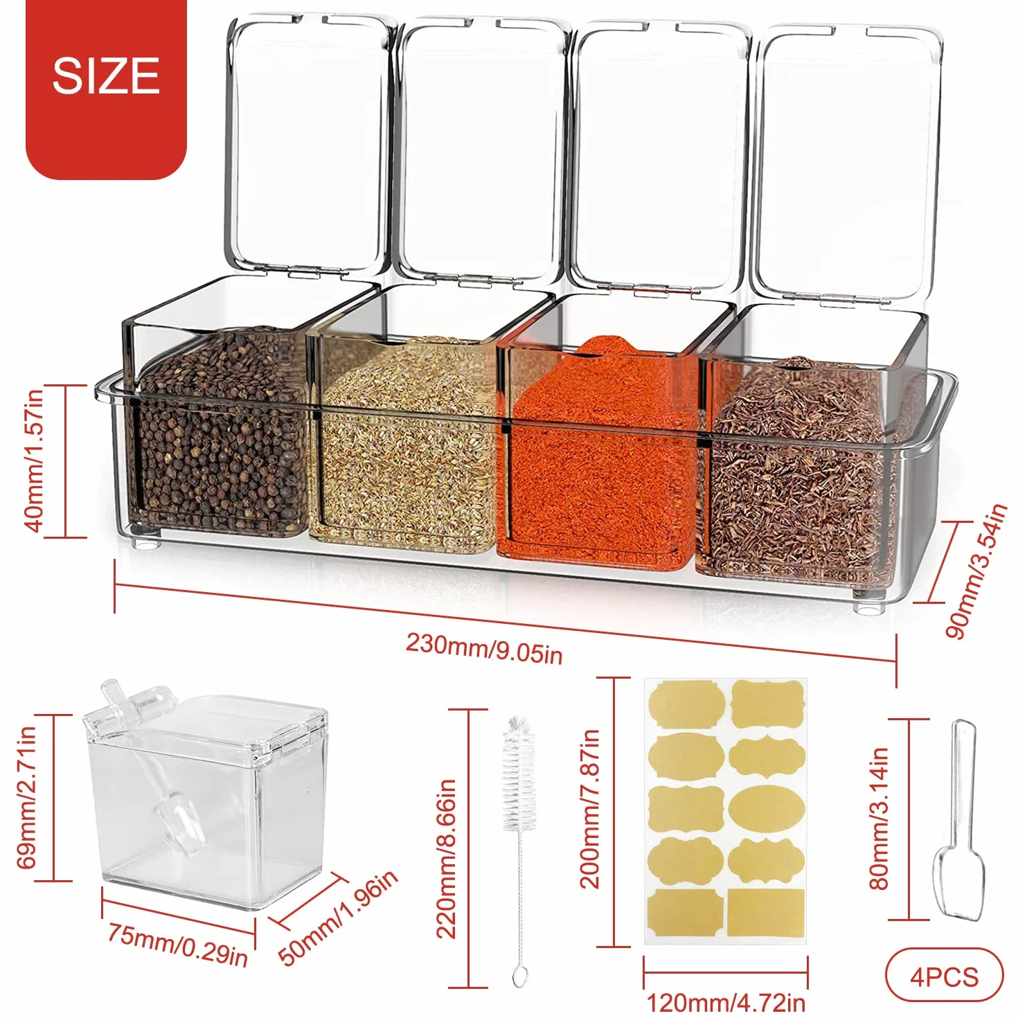 Plastique Boite a Epices Cuisine avec Cuillere 4 en 1 pour Camping Rangement de Condiments