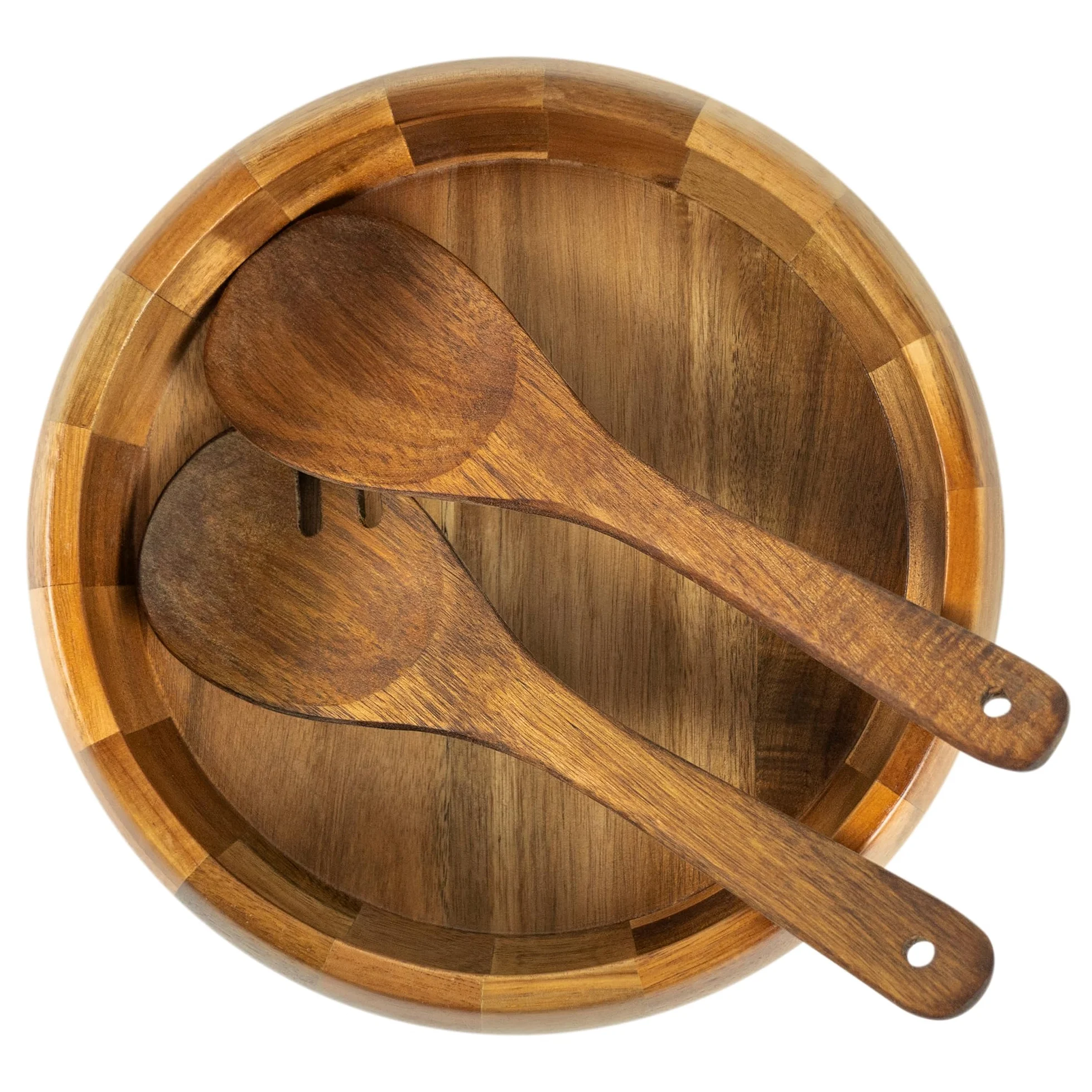 VaeFae Saladier en Bois d'Acacia avec Couverts à Salade | Saladier en Bois de 25,5 cm avec Cuillère et Fourchette Ajourée de 28 cm pour Mélanger et Servir