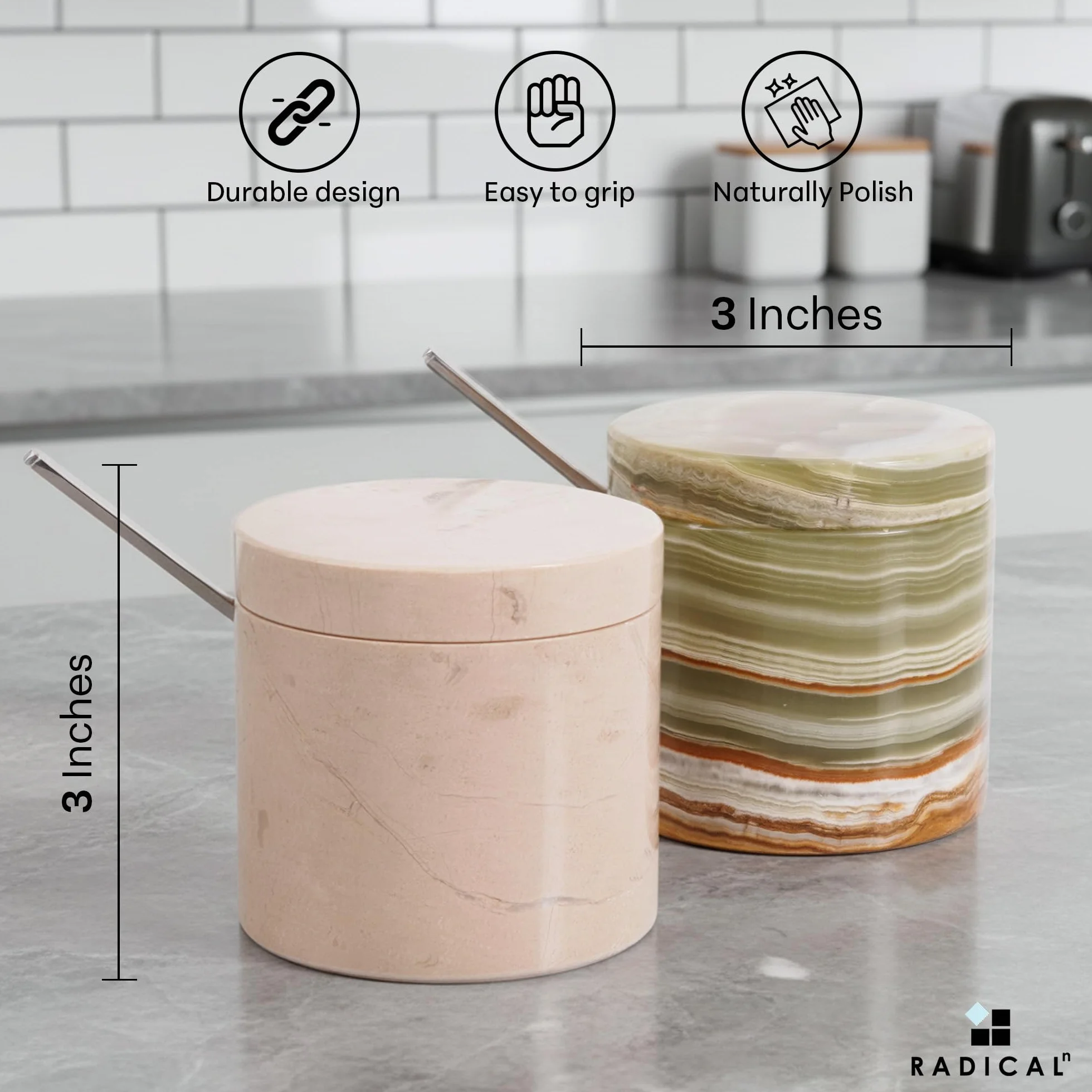 Lot de 2 pots à sel en marbre avec couvercle et plateau 7,6 cm, salière et sucrier de table pour cuisine