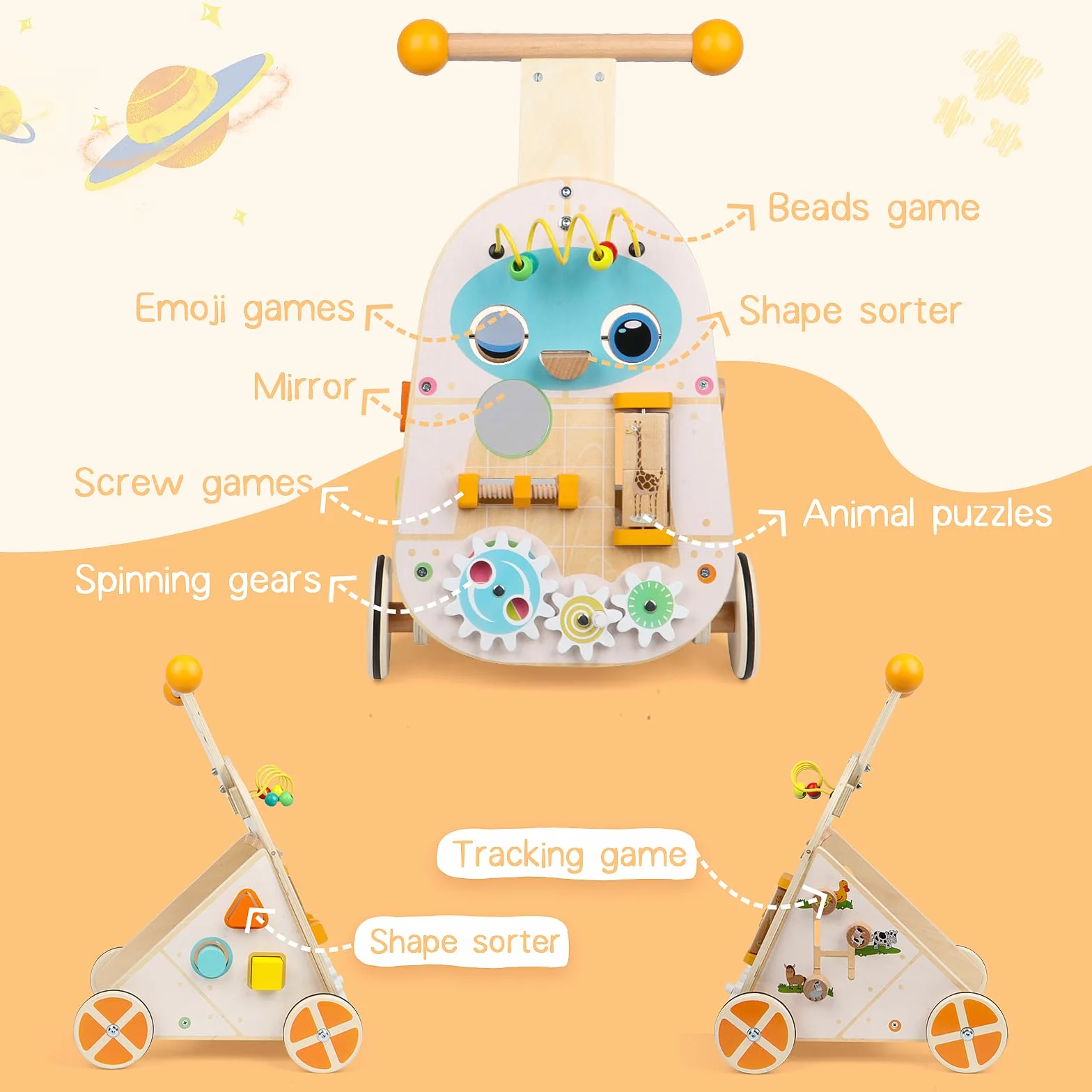 Jacootoys Activité Walker en Bois, Vitesse réglable Baby Push Walker pour garçons Filles 1 2 3 Ans