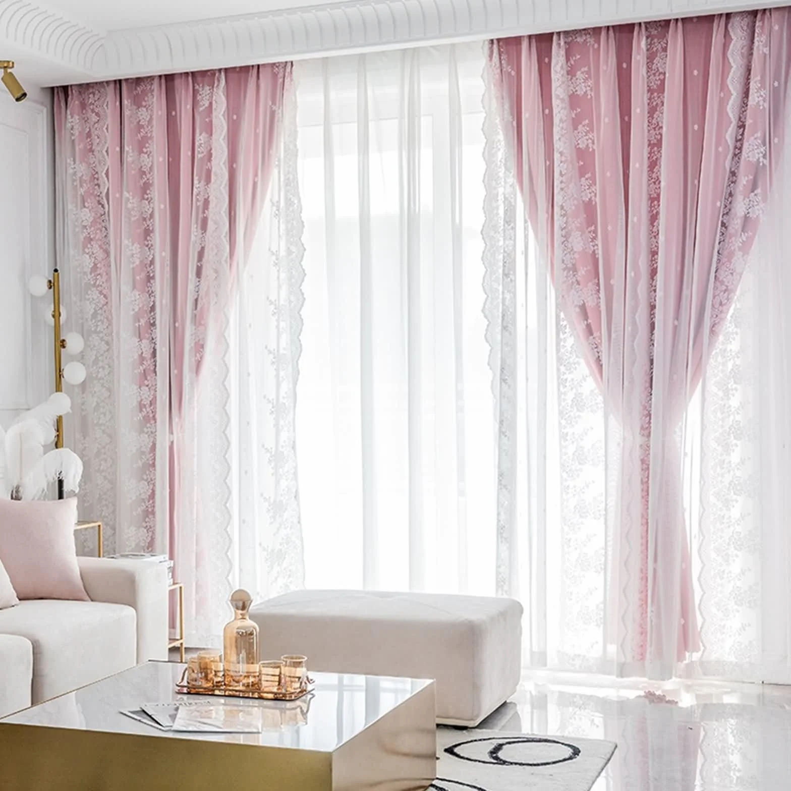 Generisch Lot de 2 rideaux occultants double couche avec voilage en dentelle - 86 x 115 cm - Rose - Pour salon, chambre à coucher, chambre d'enfant