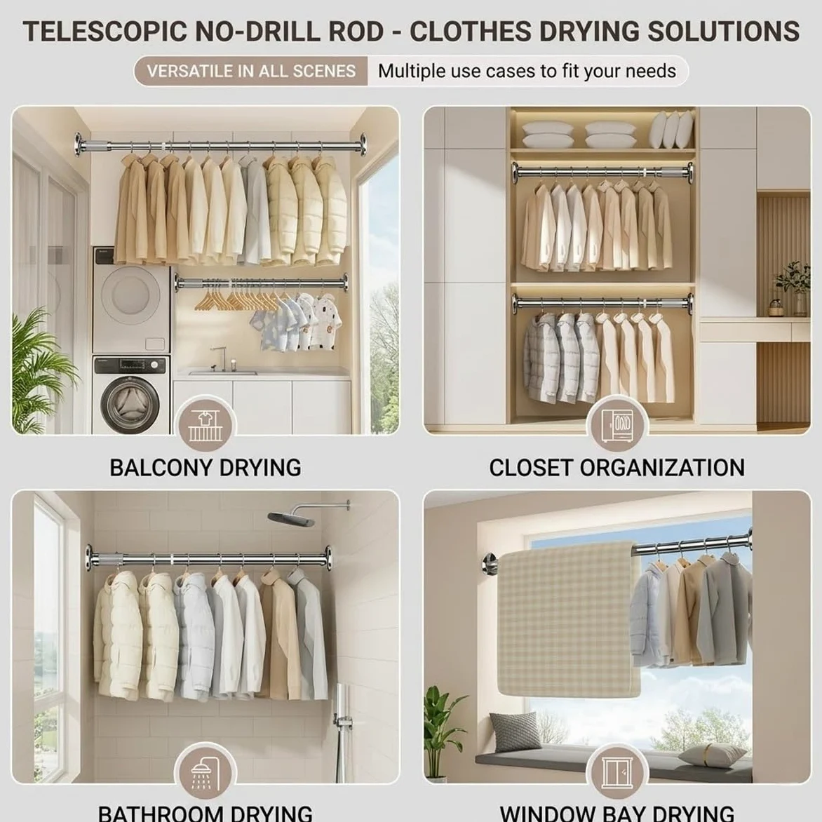 Tringle à Rideau Extensible Barre Douche Réglable Sans Percage 40-250 cm Tringle Télescopique Acier Inoxydable pour Armoire Portes Fenêtre(Blanc,(43-79")110-200cm)