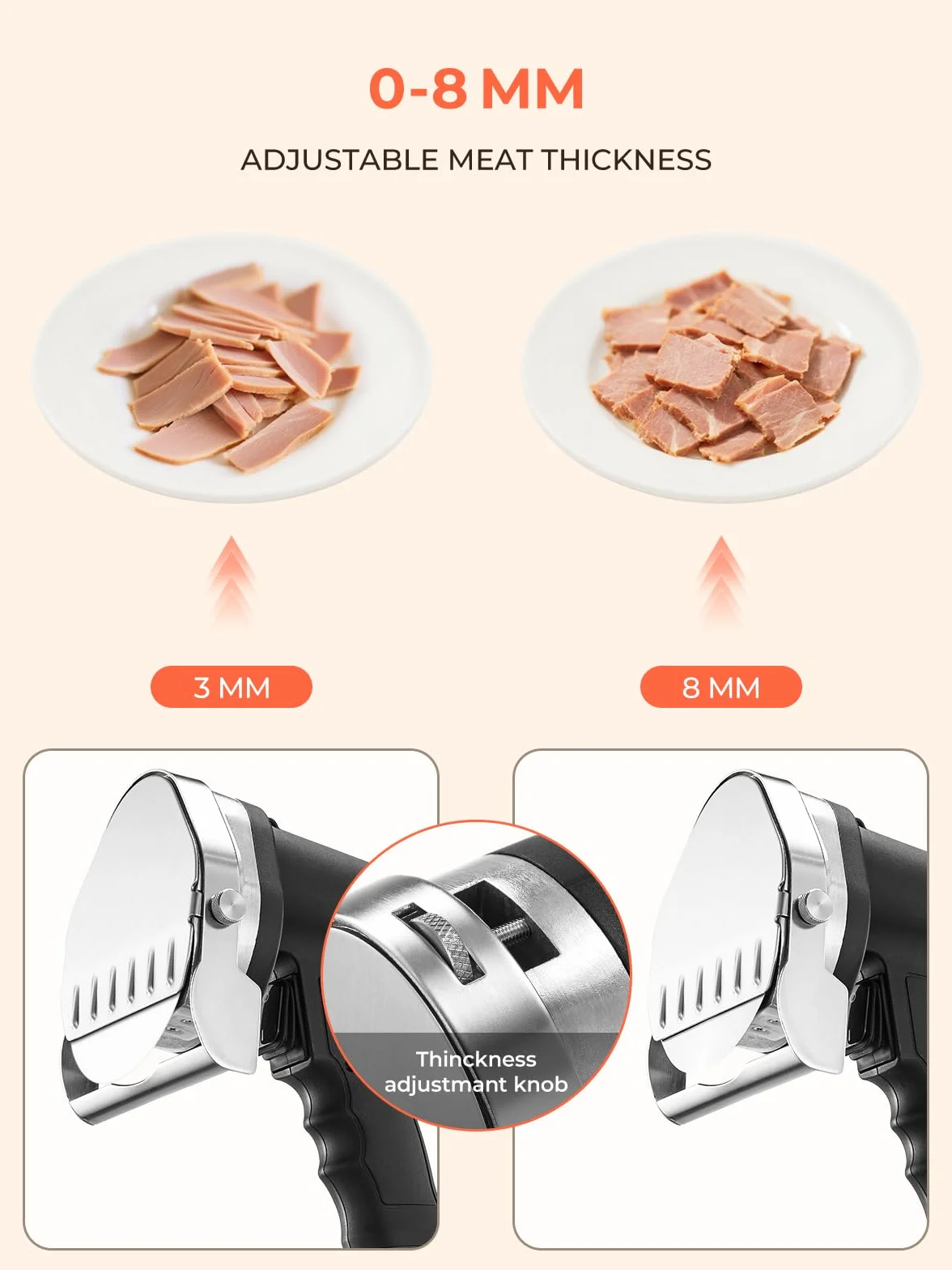 FOHERE Couteau à Kebab Électrique, Trancheuse à Viande Turc, 3800 RPM, 0-8mm, Lames D100 mm