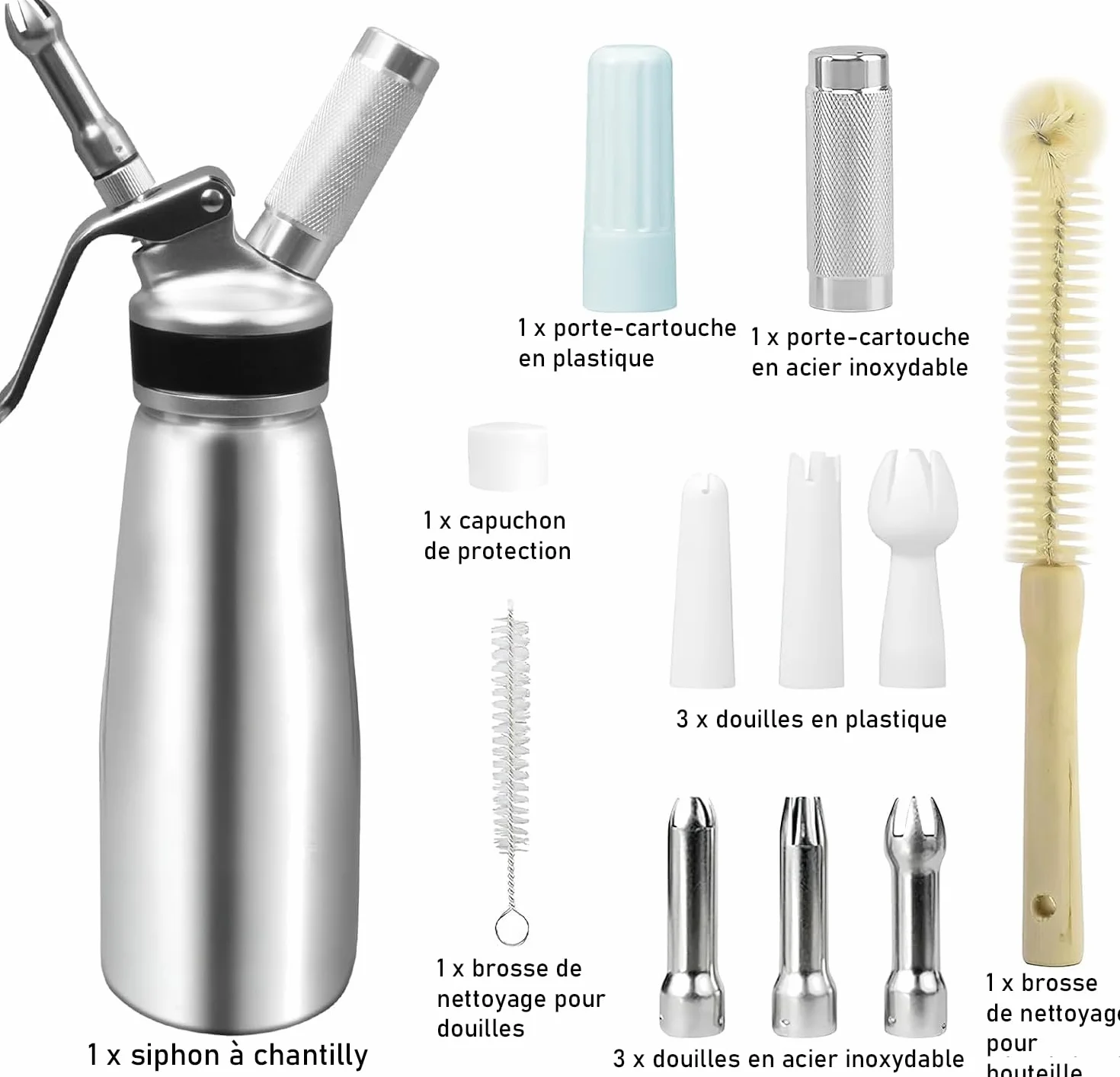 Siphon à Chantilly en Aluminium 500 ML, Distributeur de Crème Fouettée avec 3 Douilles INOX