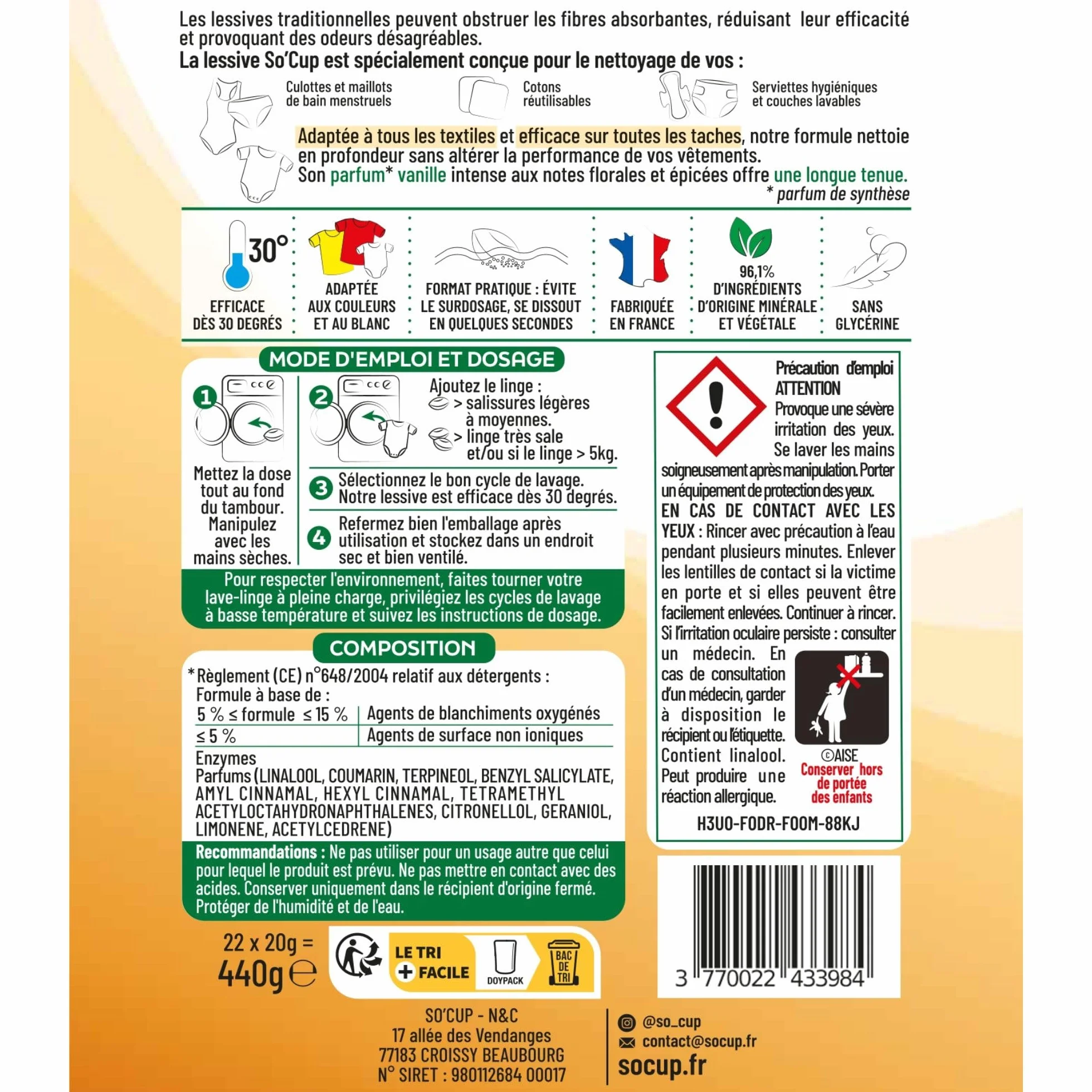 Lessive en Doses pour Culottes Menstruelles, Maillot de Bain Menstruel, Serviettes Hygiéniques et Couches Lavables Vanille Envoûtante 96% d'origine minérale et végétale