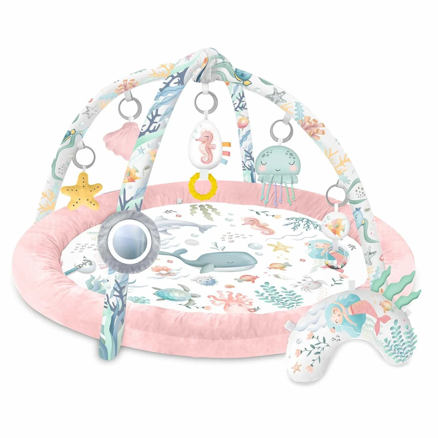 Nukido Tapis d'Éveil Bébé avec Arches Amovibles et 7 Jouets - Rose Océan