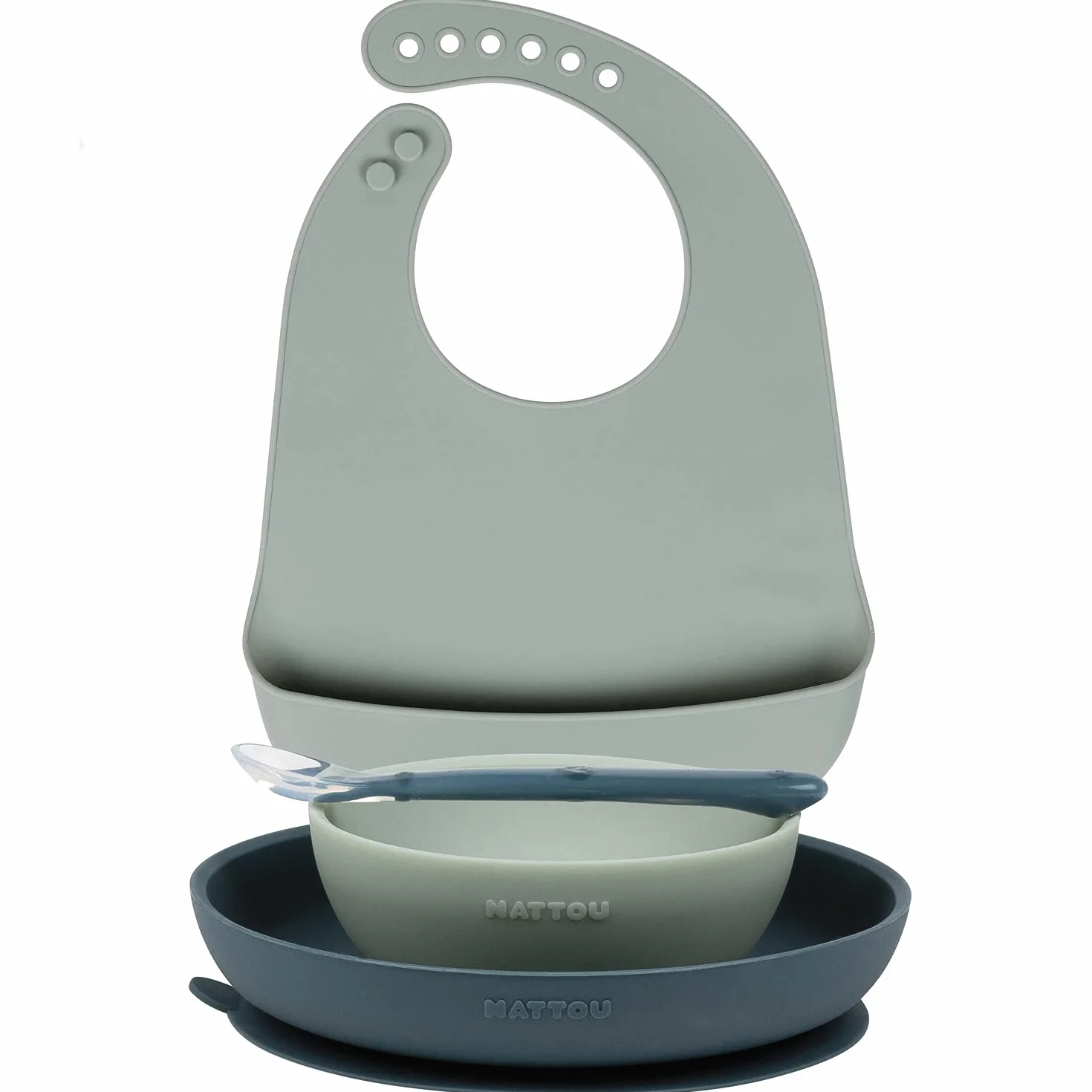 Nattou Set Repas en Silicone pour Enfants 4 Pièces, Antidérapant, Sans BPA, Vert/Bleu