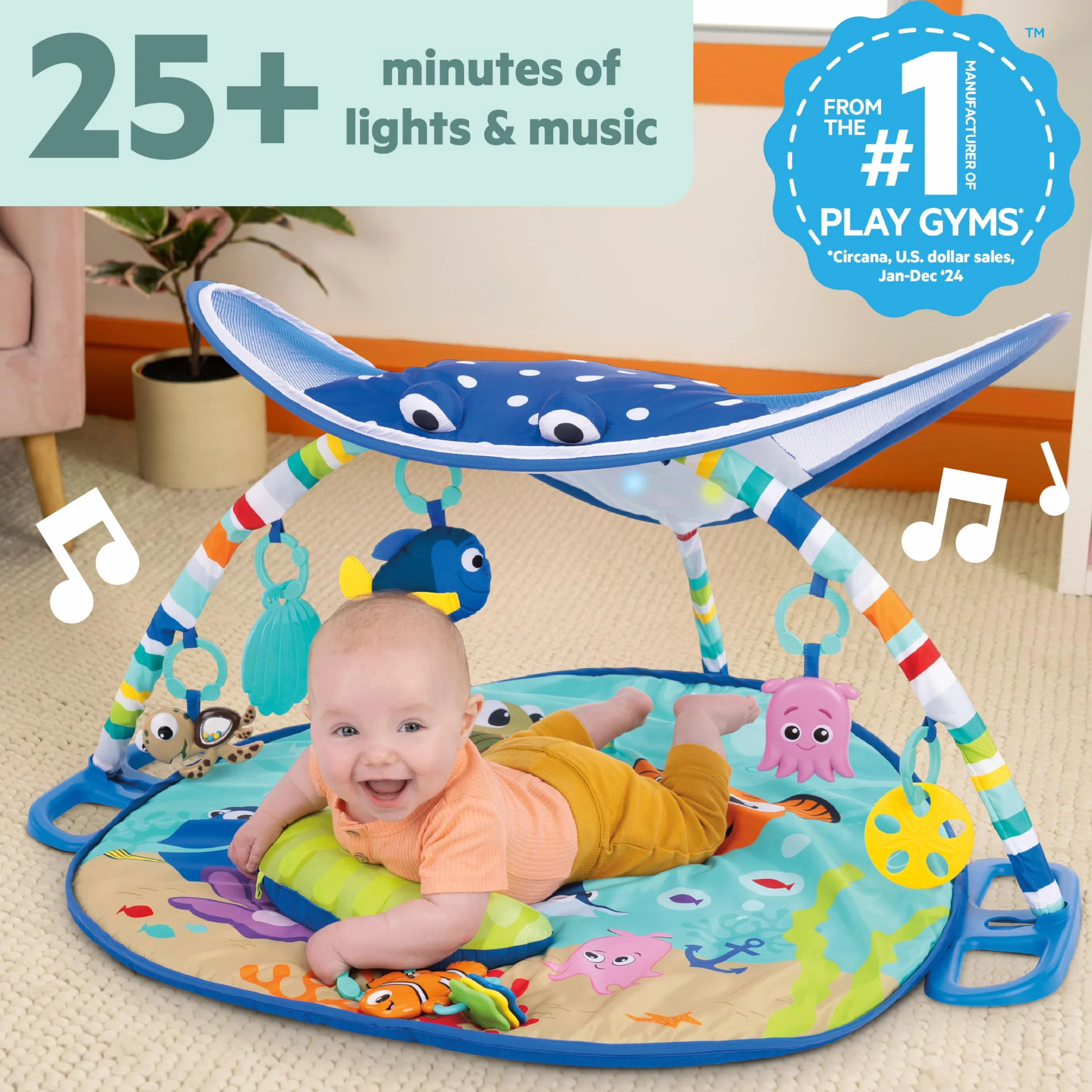Bright Starts Disney Baby Tapis d’Eveil le Monde de Némo Mr. Ray Ocean Lights, Lumières et Mélodies, Marionnette à Doigts Dory