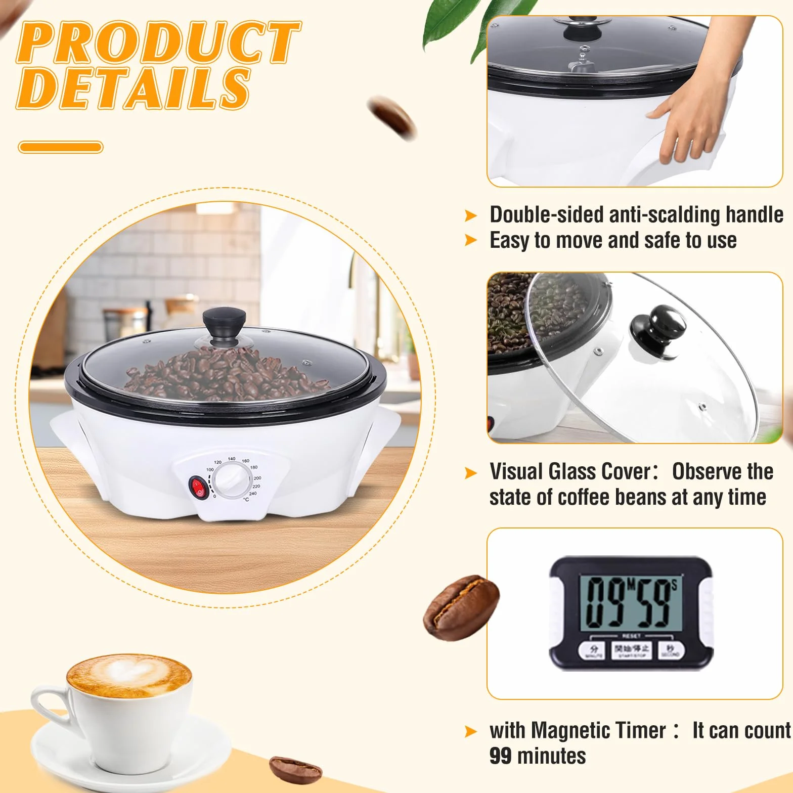 Torréfacteur de Café 500g 0-240℃ avec Minuterie 1200W