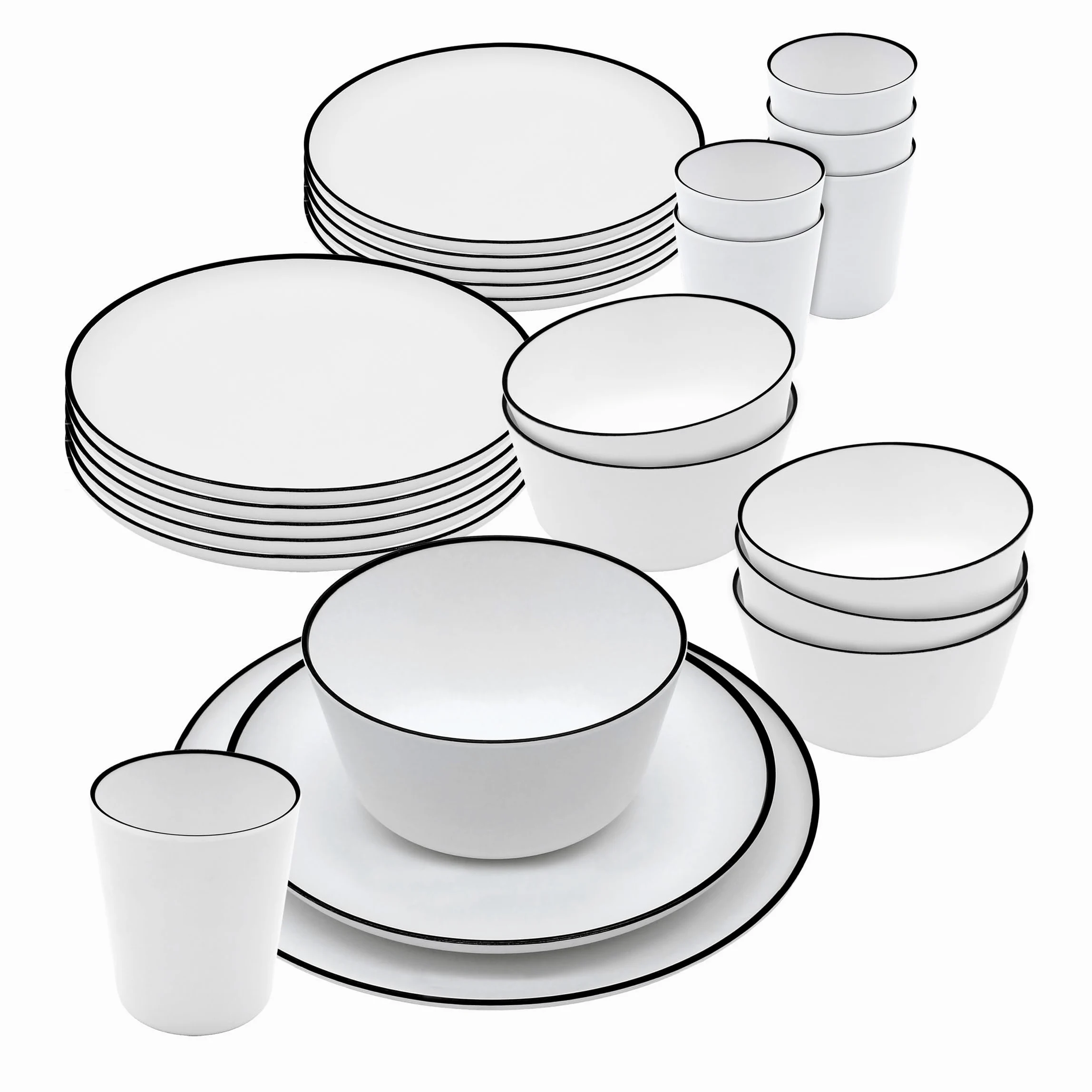Service de vaisselle de camping en mélamine blanche - 24 pièces - Assiette, bol à céréales et gobelet - Vaisselle de camping pour 4 personnes - Accessoires de camping - Passe au lave-vaisselle -