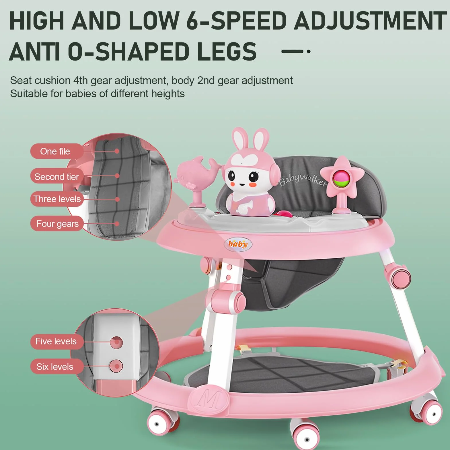 Trotteur Bébé Pliable Évolutif Réglable en Hauteur 7 Niveaux, Roues Silencieuses, Anti Basculement 6-18 Mois Rose