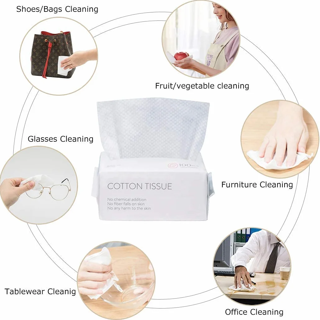 Serviettes jetables en tissu 100 pièces, lingettes sèches en pur coton multi-usages pour soins de la peau