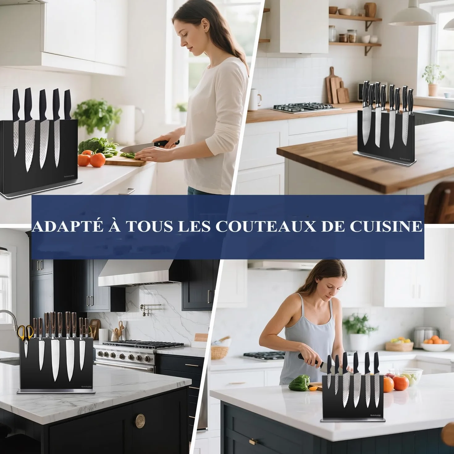 Bloc à couteaux magnétique 30 cm acier inoxydable 304 noir support magnétique puissant