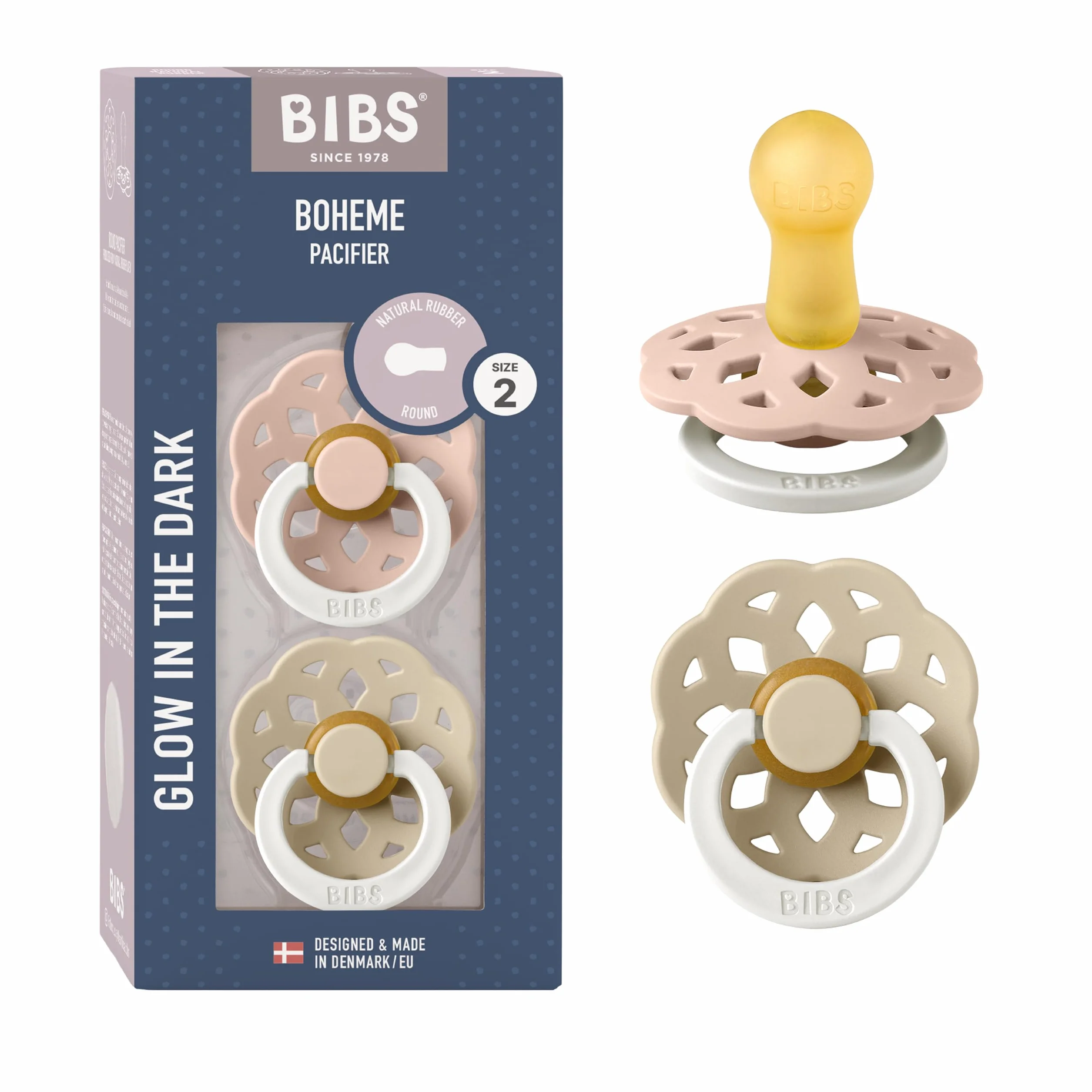 BIBS Boheme Lot de 2 tétines phosphorescentes, Sans BPA, Latex, Taille 2 (6-18 mois), Rose Clair/Vanille