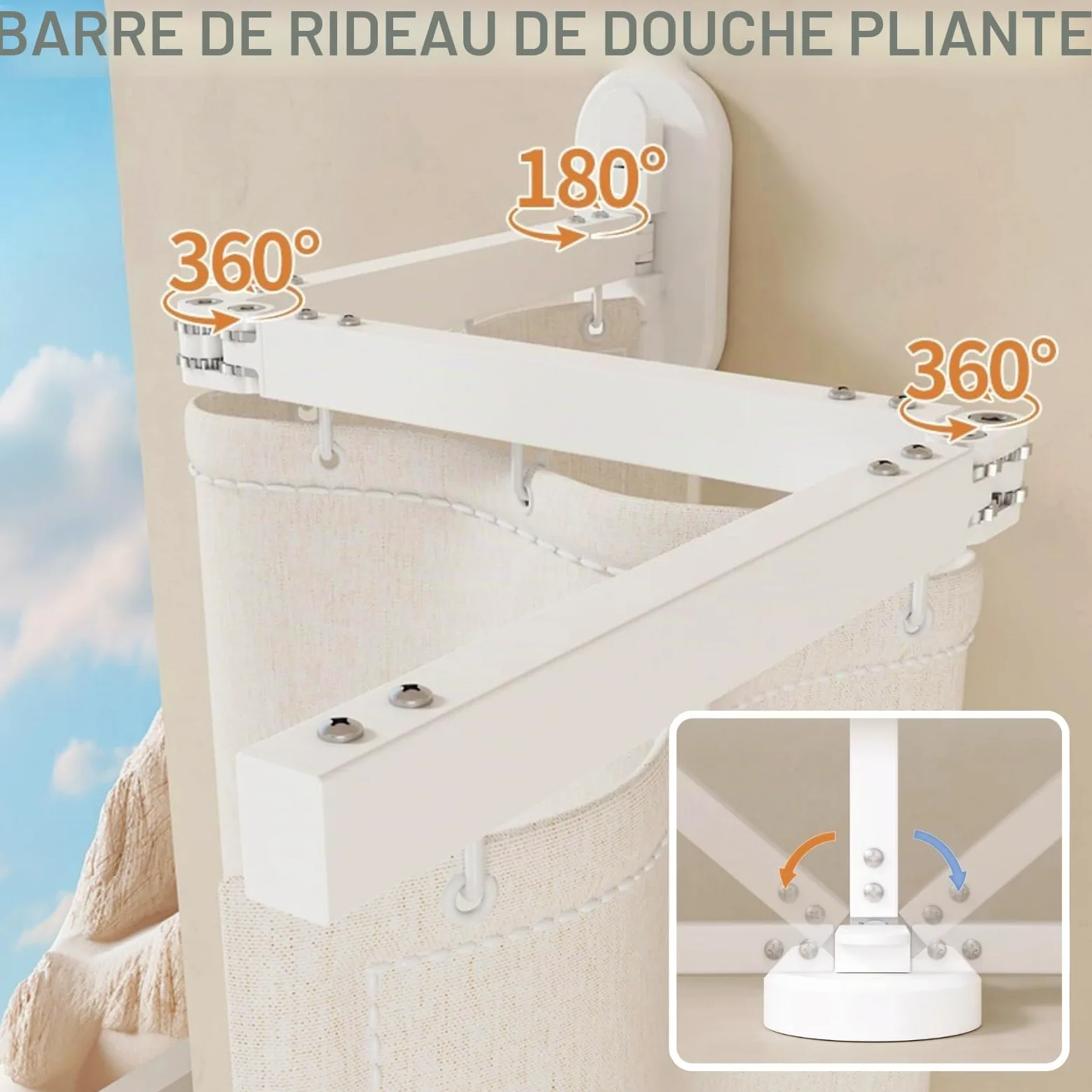 Tringle A Rideau De Douche Angle sans Percage, Tringle À Rideau De Douche Pliable avec Ventouses, Barre De Douche en L Rétractable pour Baignoire De Salle De Bain(Beige,102cm)