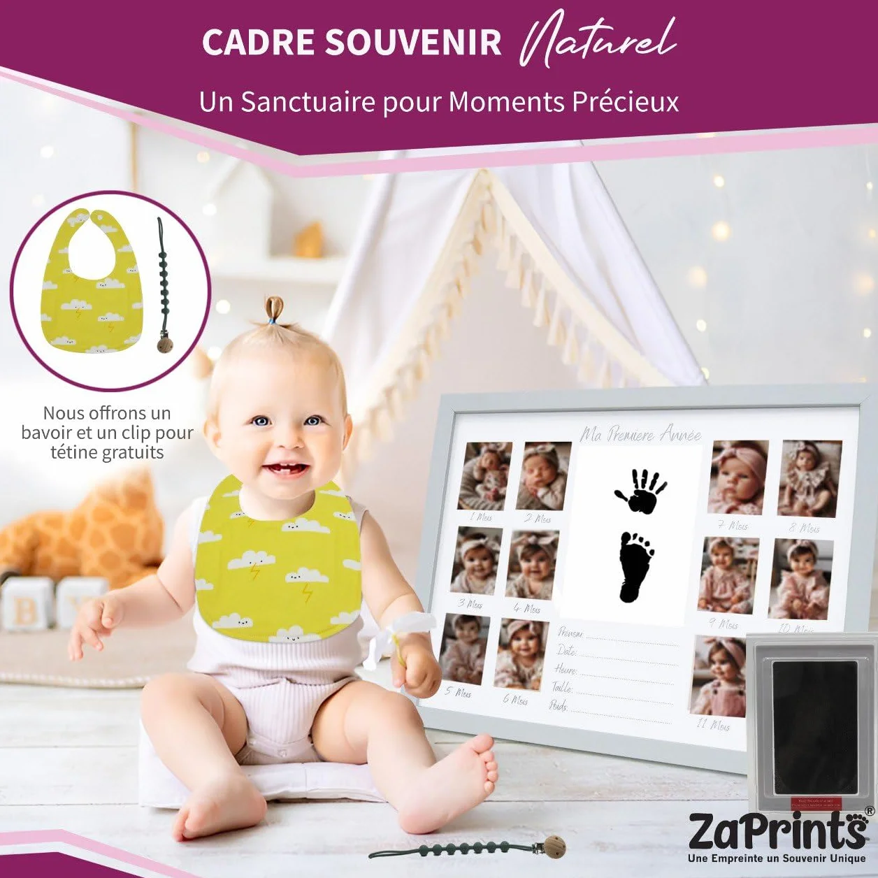 Cadre Photo Souvenir Première Année Bébé 12 Photos Pêle Mêle Kit Empreinte Bébé Cadeau Naissance Personnalisé