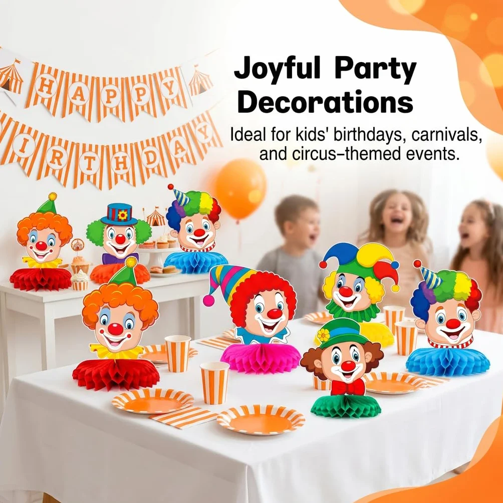 Lot de 6 Décoration Carnaval Clown Nid d'Abeille Centre de Table Cirque 3D Fête Anniversaire Enfant Mardi Gras Ornements Papier Alvéolé