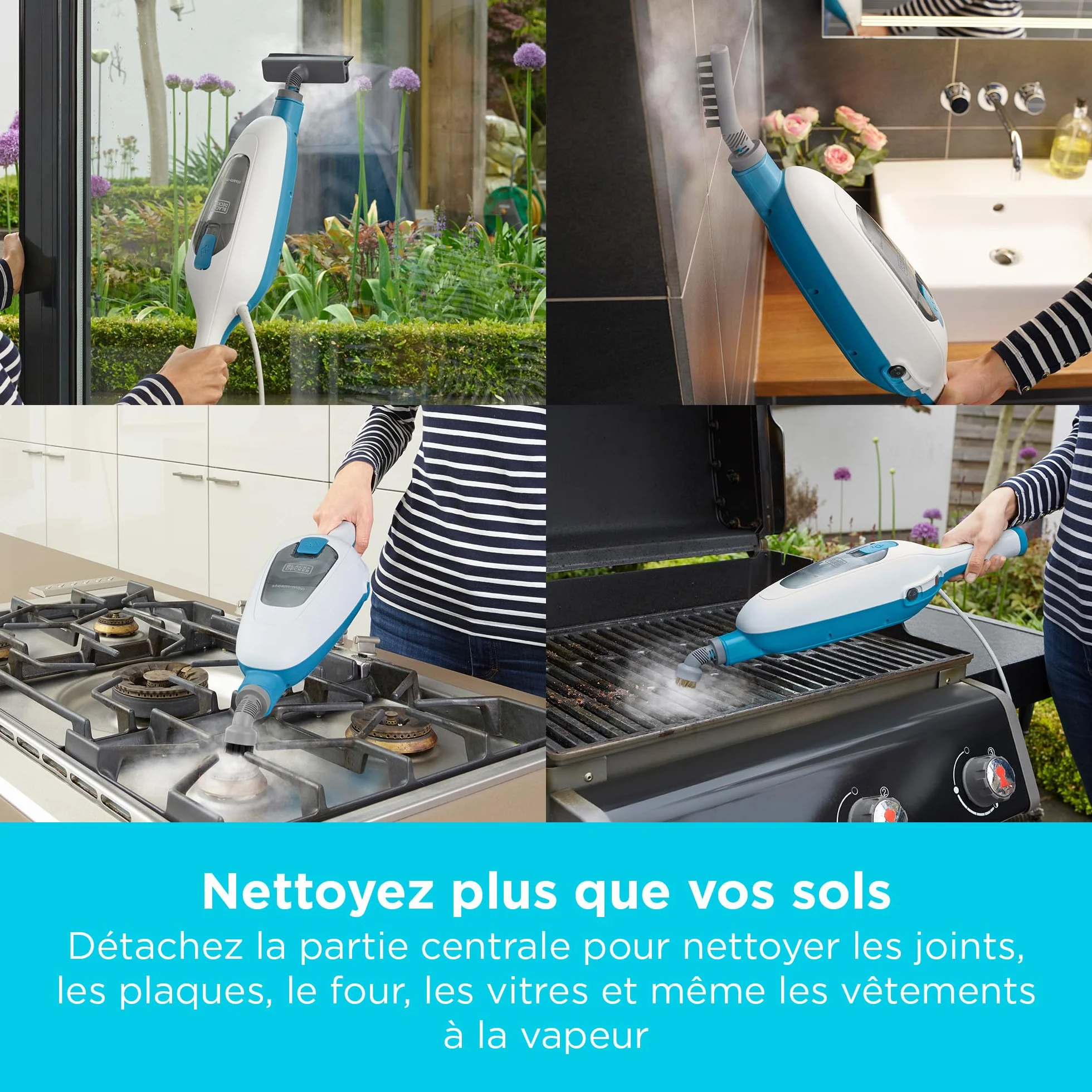 BLACK+DECKER FSMH13E5-QS Balai Vapeur 1300W avec Nettoyeur à Main et 5 Accessoires, Tête Pivotante 180°, Réservoir 350ml