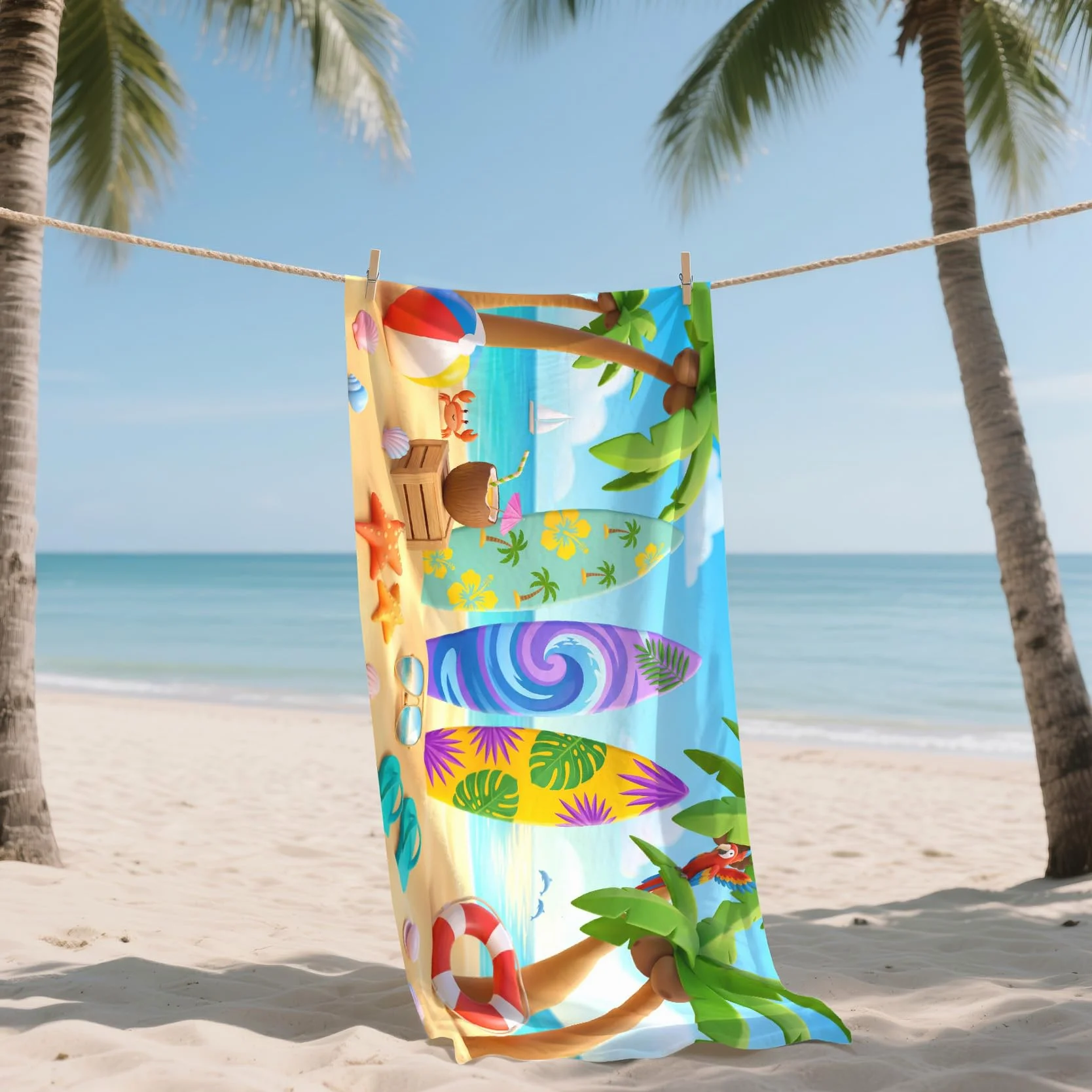 Serviette de Plage XXL Microfibre Planche de Surf Thème Plage Tropicale, Drap de Plage Séchage Rapide Anti Sable & Légère, Serviette de Bain Grande Taille 200x200 cm