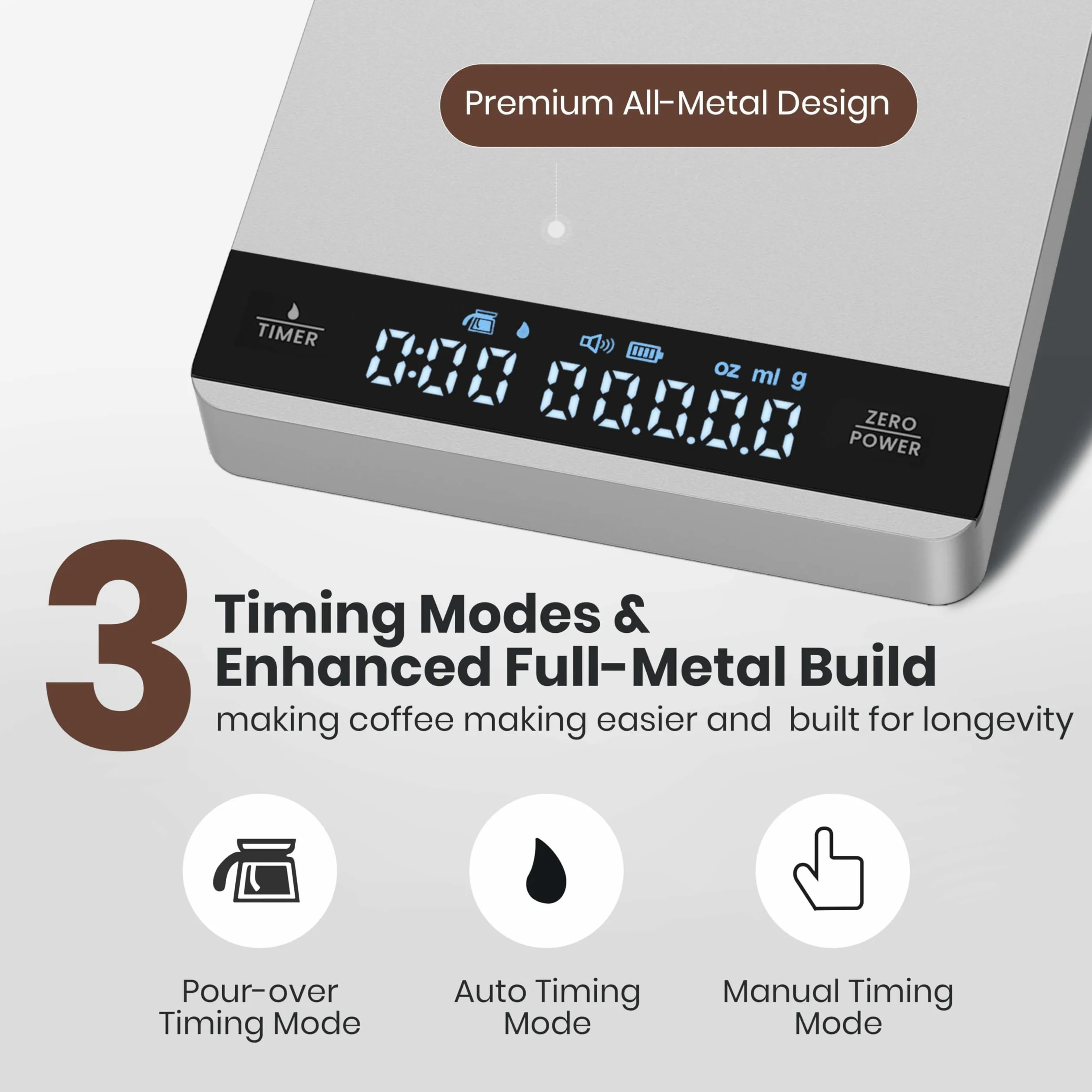 Maestri House Mini balance à café avec minuterie, rechargeable, 2 kg/0,1 g, balance de précision pour expresso et pour-over, balance de cuisine numérique portable avec chronométrage automatique