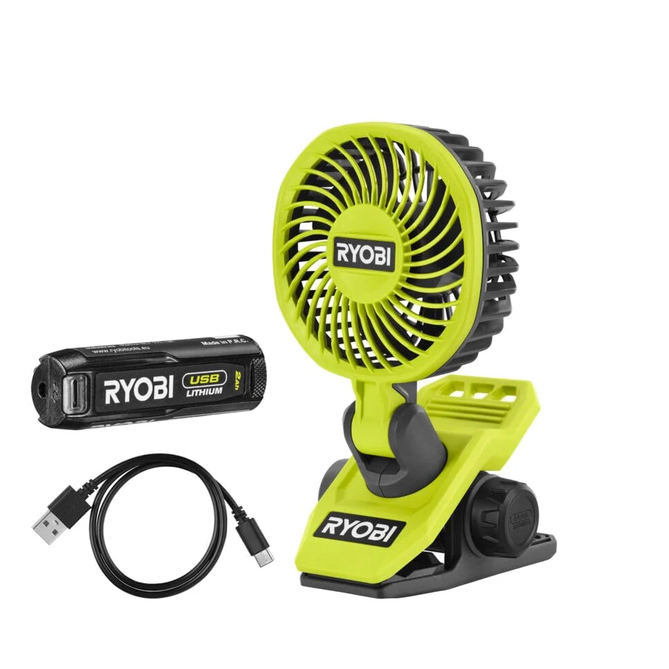 RYOBI - Ventilateur à Pince 4V USB Lithium RCF4-120G - Portable & Orientable - Idéal pour Se Rafraîchir en Bricolant, Camping ou Bureau - Inclus Batterie 2,0Ah & Câble