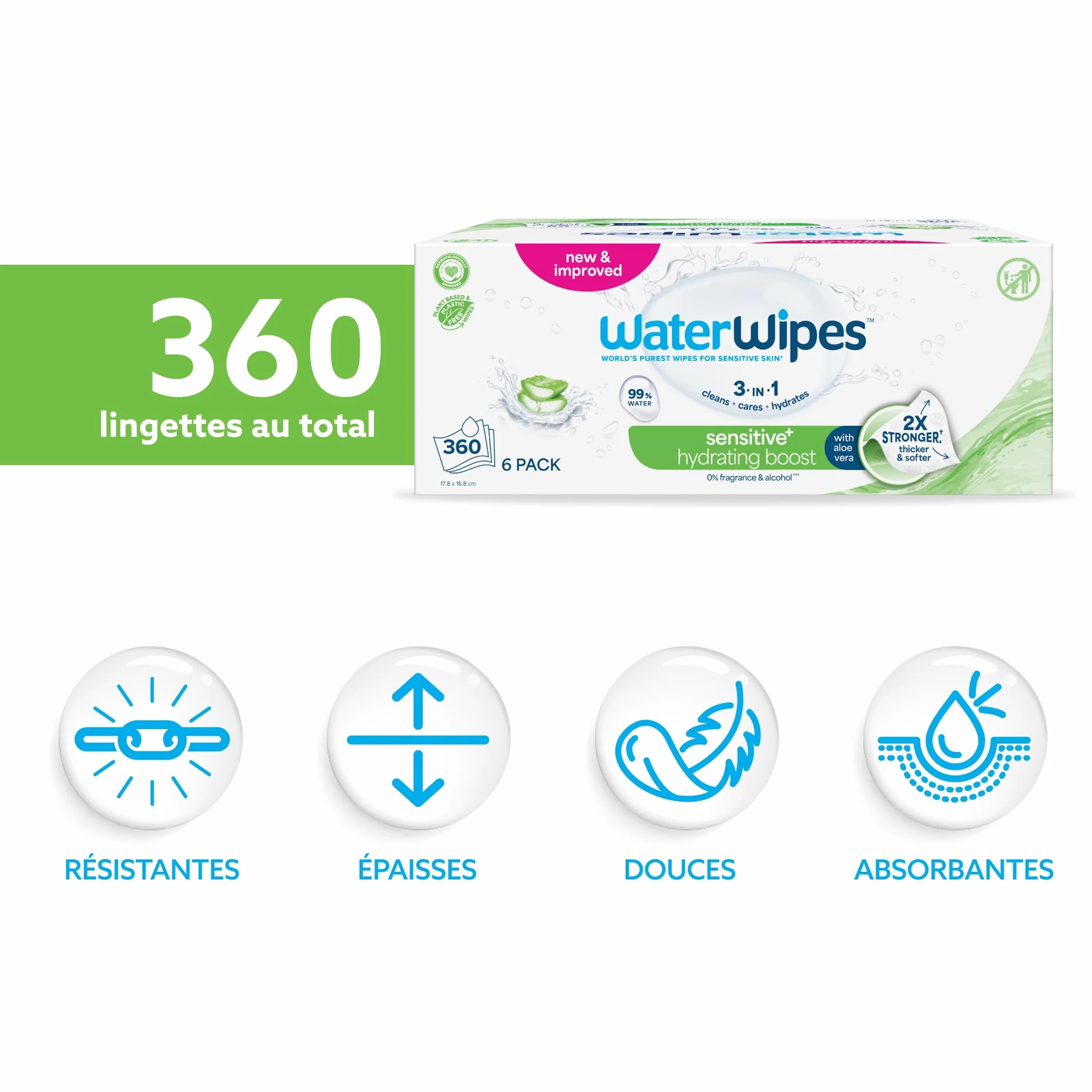 WaterWipes Sensitive+ Hydrating Boost Wipes, Lingettes Hydratantes, 360 unités, 3-en-1 nettoie, soigne, hydrate, 99% d'eau avec aloe vera, non parfumées