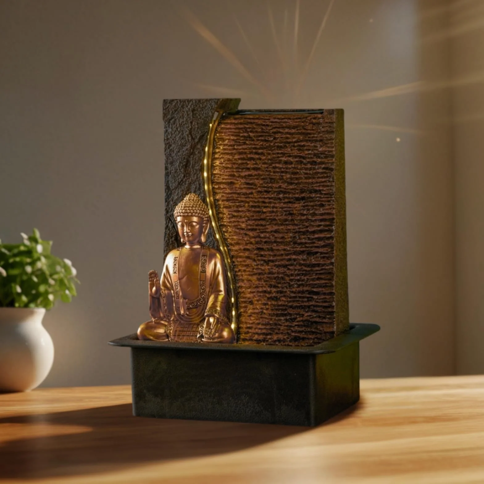 Fontaine d'Intérieur Bouddha Zen'Light Jati H 40cm avec Bandeau LED Jaune et Pompe Silencieuse