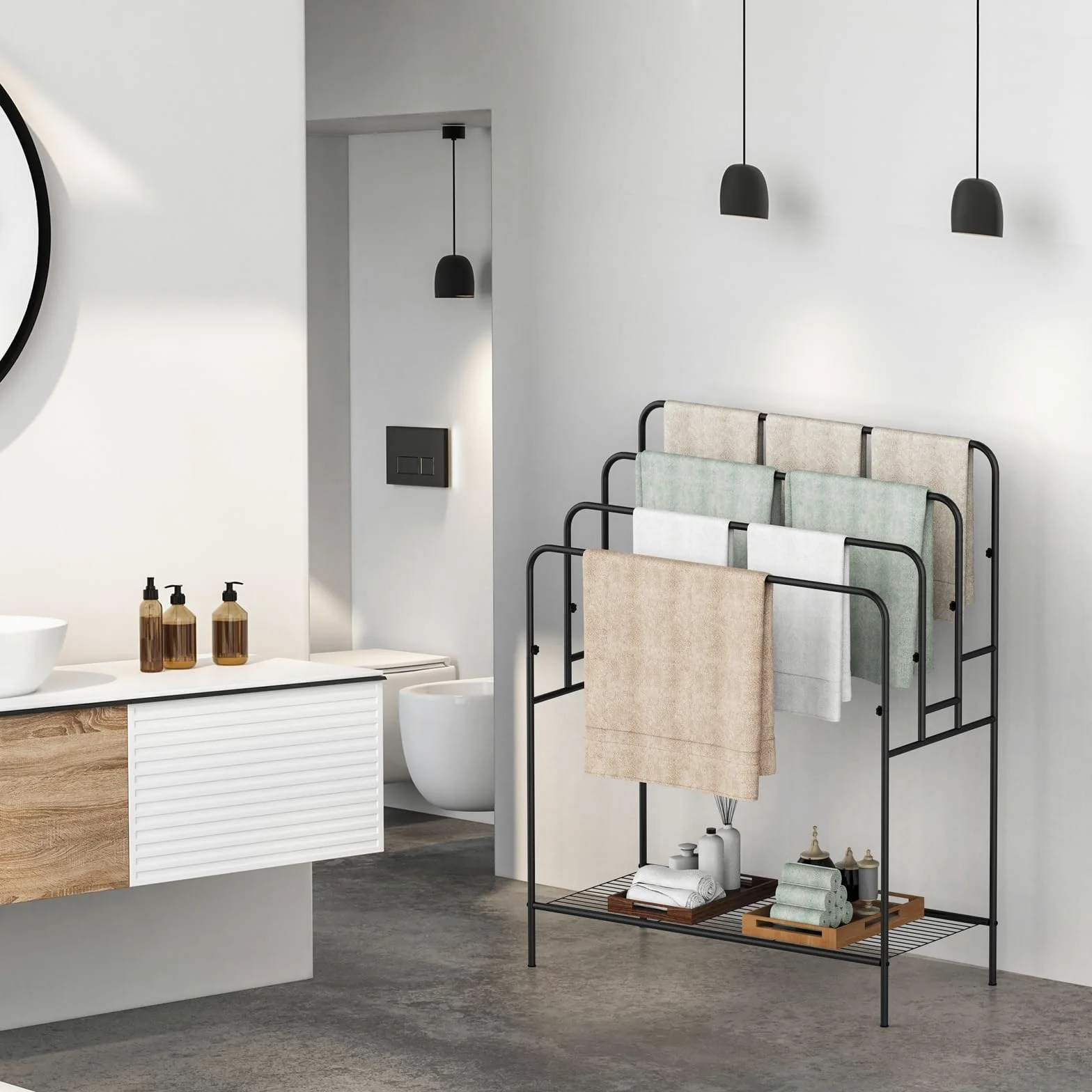 Porte-serviettes autoportant pour salle de bain, support de courtepointe pour salon, piscine extérieure, séchage de serviettes pour salle de bain, support d'échelle à 4 niveaux pour serviette de bain