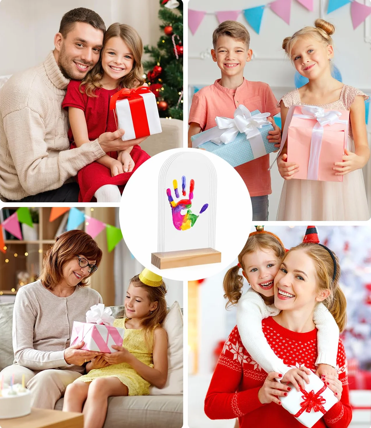 Kit Empreinte Main Famille avec 5 Plaques Plexiglas 6 Couleurs Pigments, Cadeau Bebe Naissance