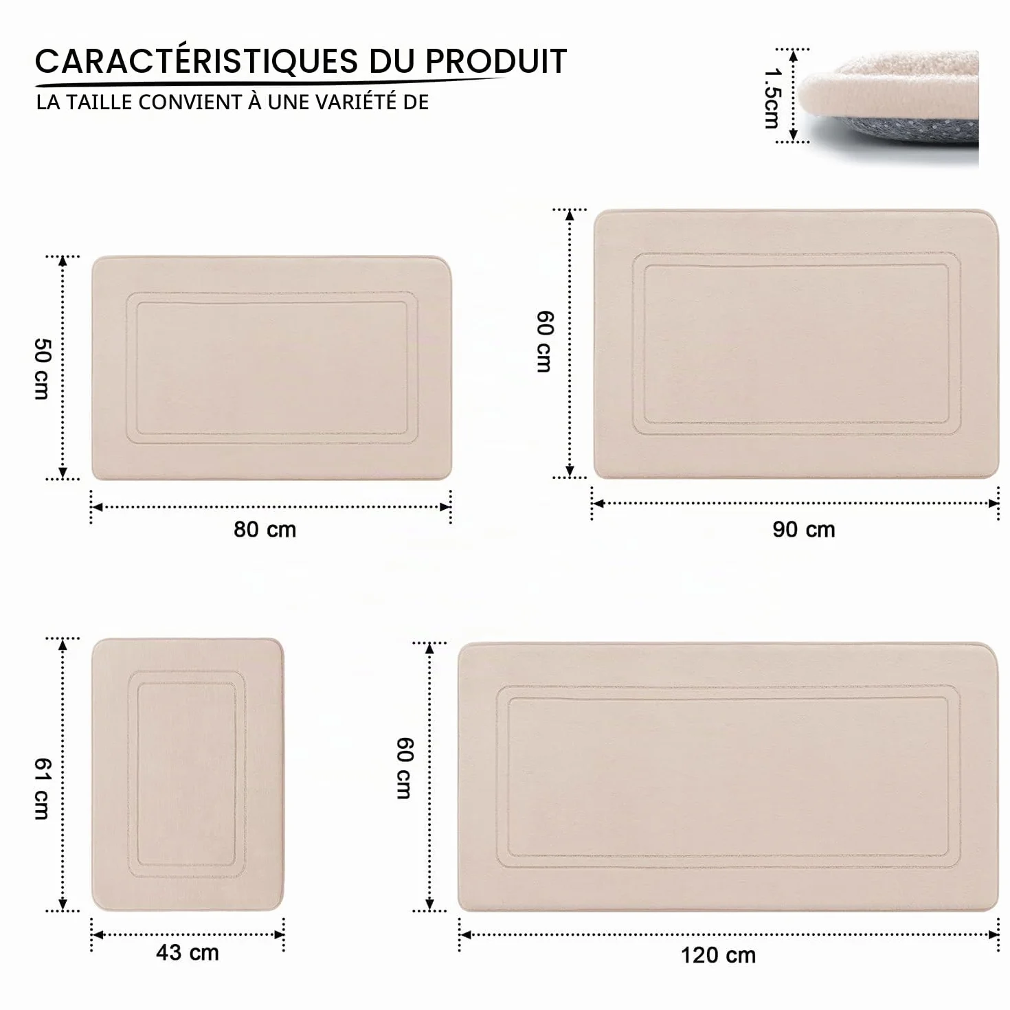 Chakme Tapis de Bain en Mousse à Mémoire de Forme Absorbant Antidérapant 43 x 61 cm Beige