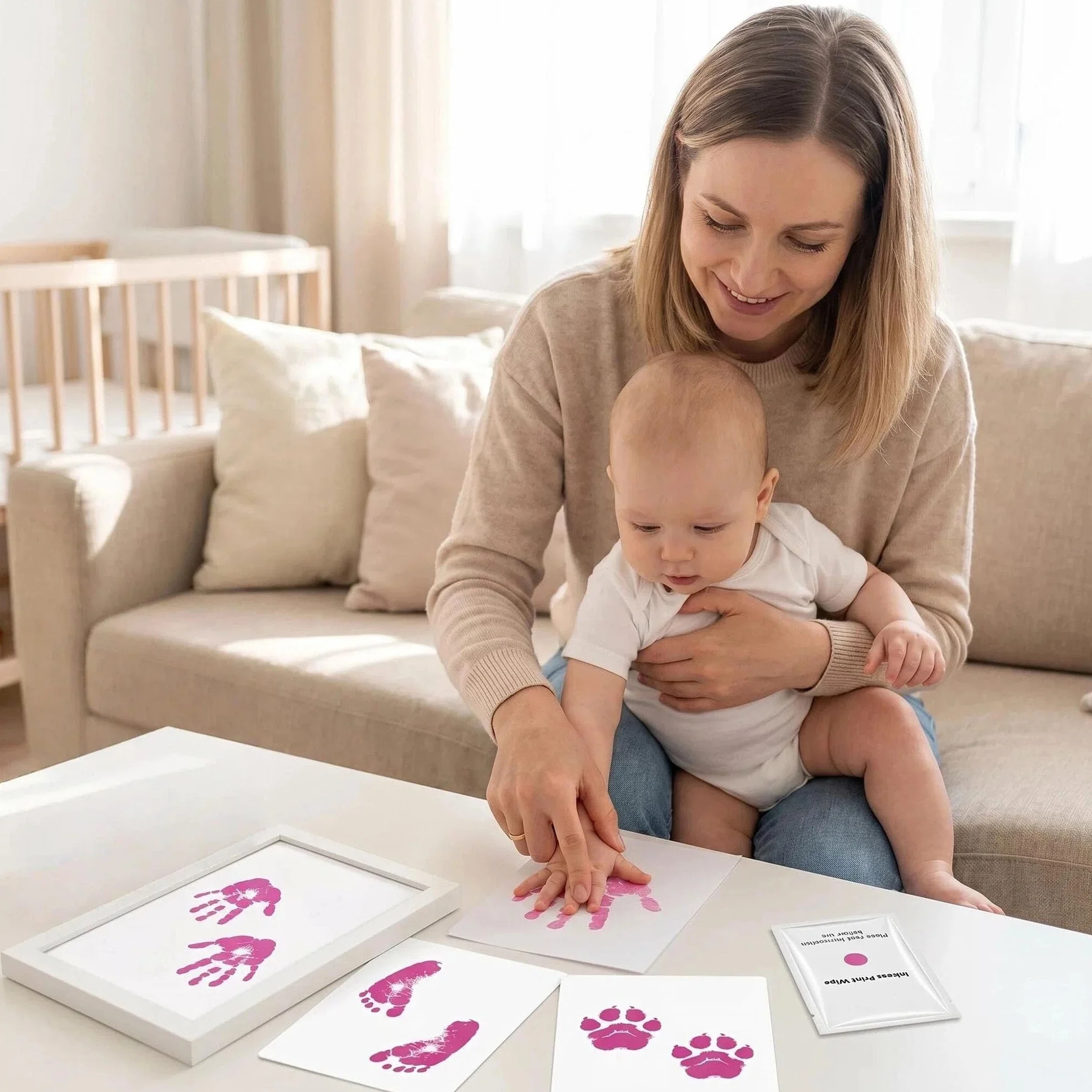 Kit Empreinte Bébé Pieds et Mains Clean Touch Encreur Sans Kits Nouveau-Nés avec 1 Cadre Photo Rose