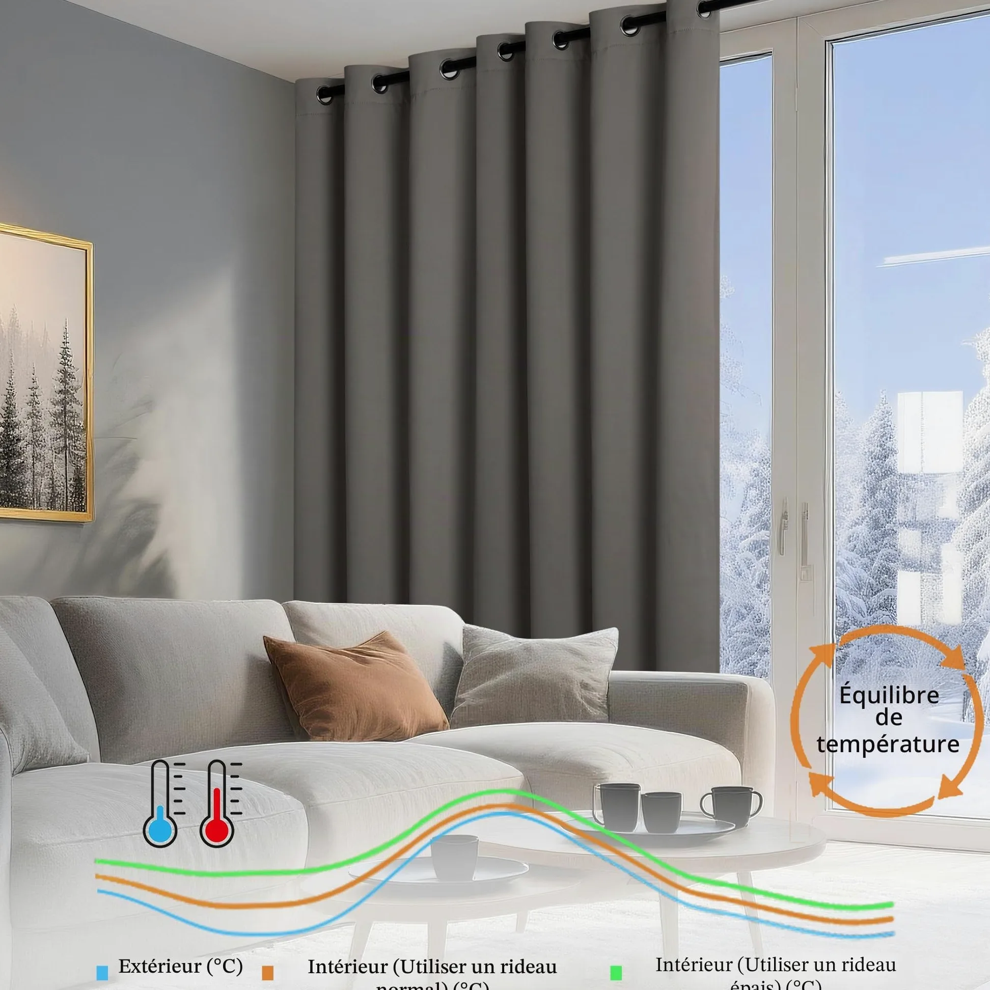 DWCN Rideau Thermiques Isolant Anti Froid et Chaleur 140 x 260 CM,Double 100% Occultant Epais Rideaux de Porte Oeillets, Gris, Lot de 1