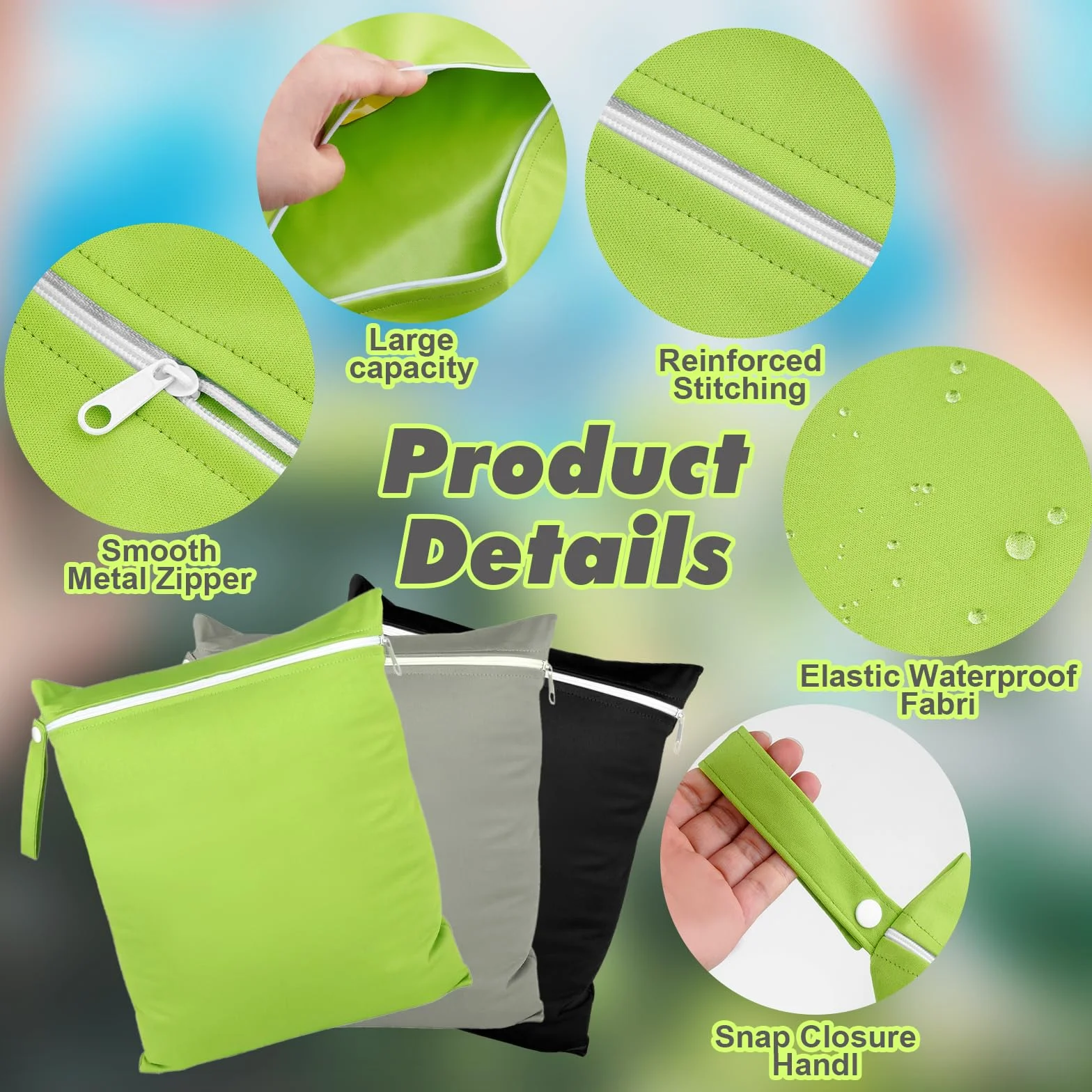 Wetbag Imperméable 40x30 cm 3 Pièces avec Fermeture Éclair, Sac à Couches Lavables Noir Gris Vert