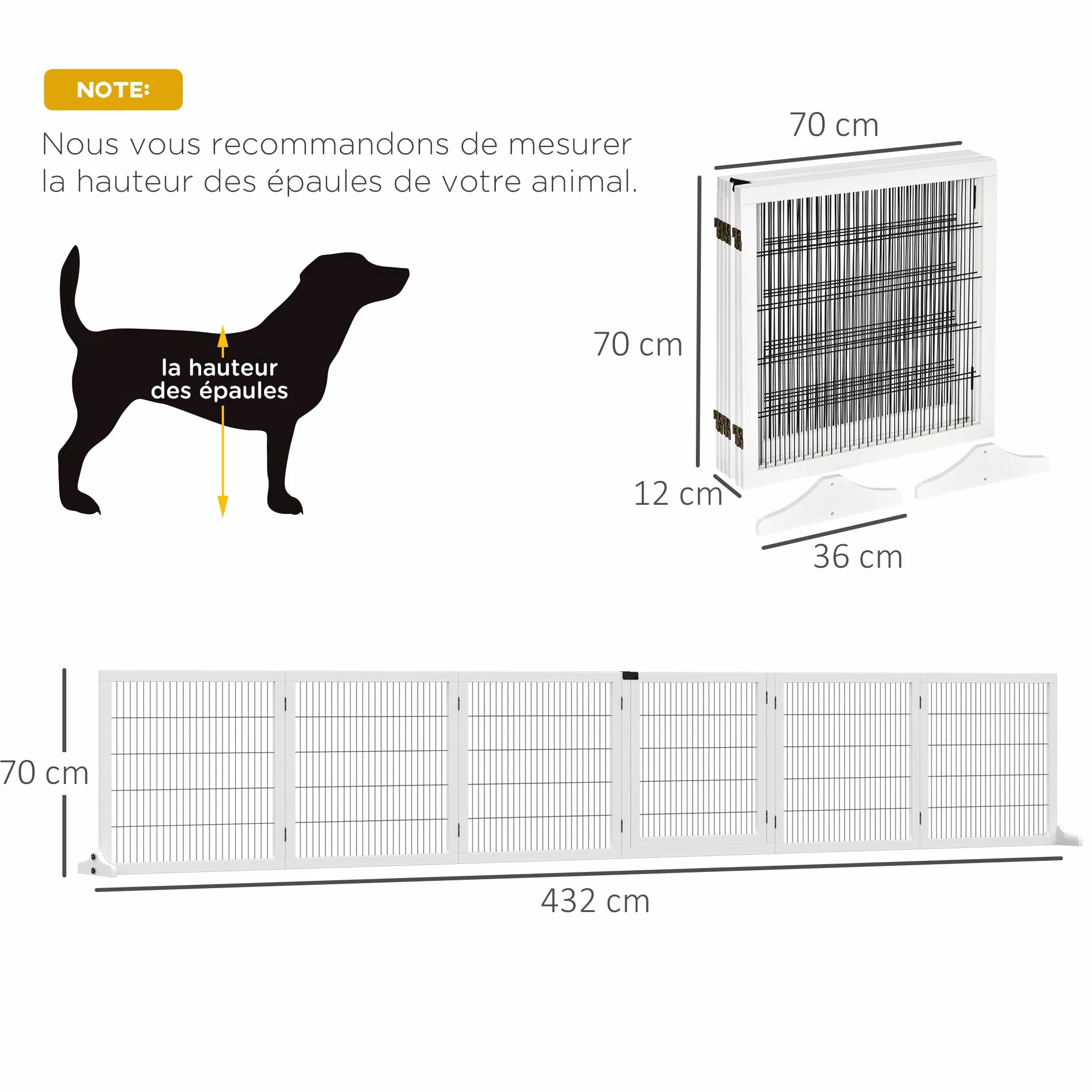 PawHut Barrière de sécurité Chien autoportante modulable Pliable 6 Panneaux Bois de pin 432 x 36 x 70 cm Blanc