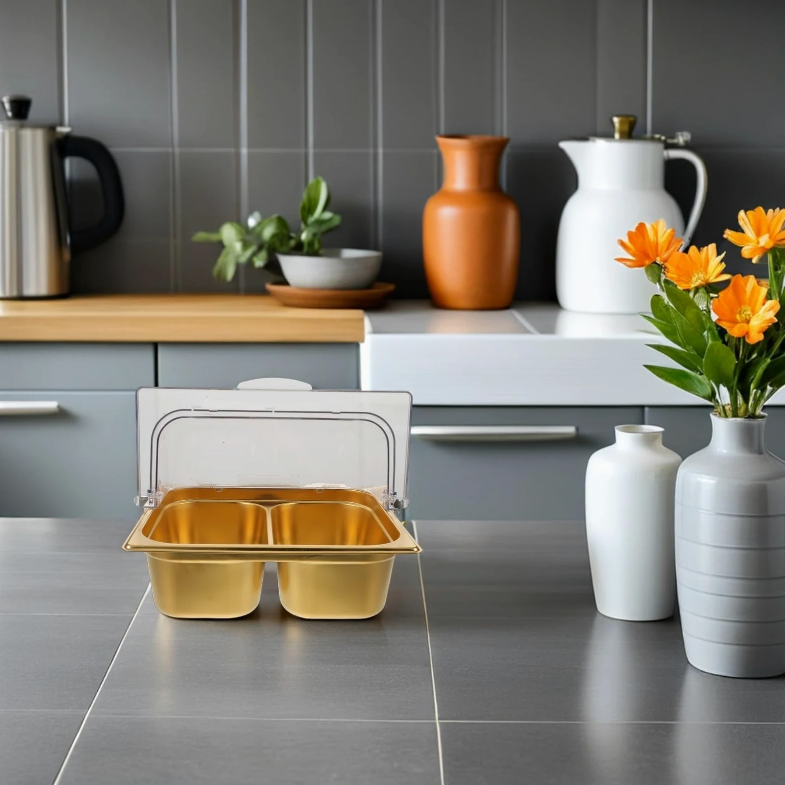 Plat de Service en Acier Inoxydable Double Compartiment pour Buffet | Finition Or, Séparation des Aliments, Nettoyage Facile, Usage Traiteur Cuisine Professionnelle