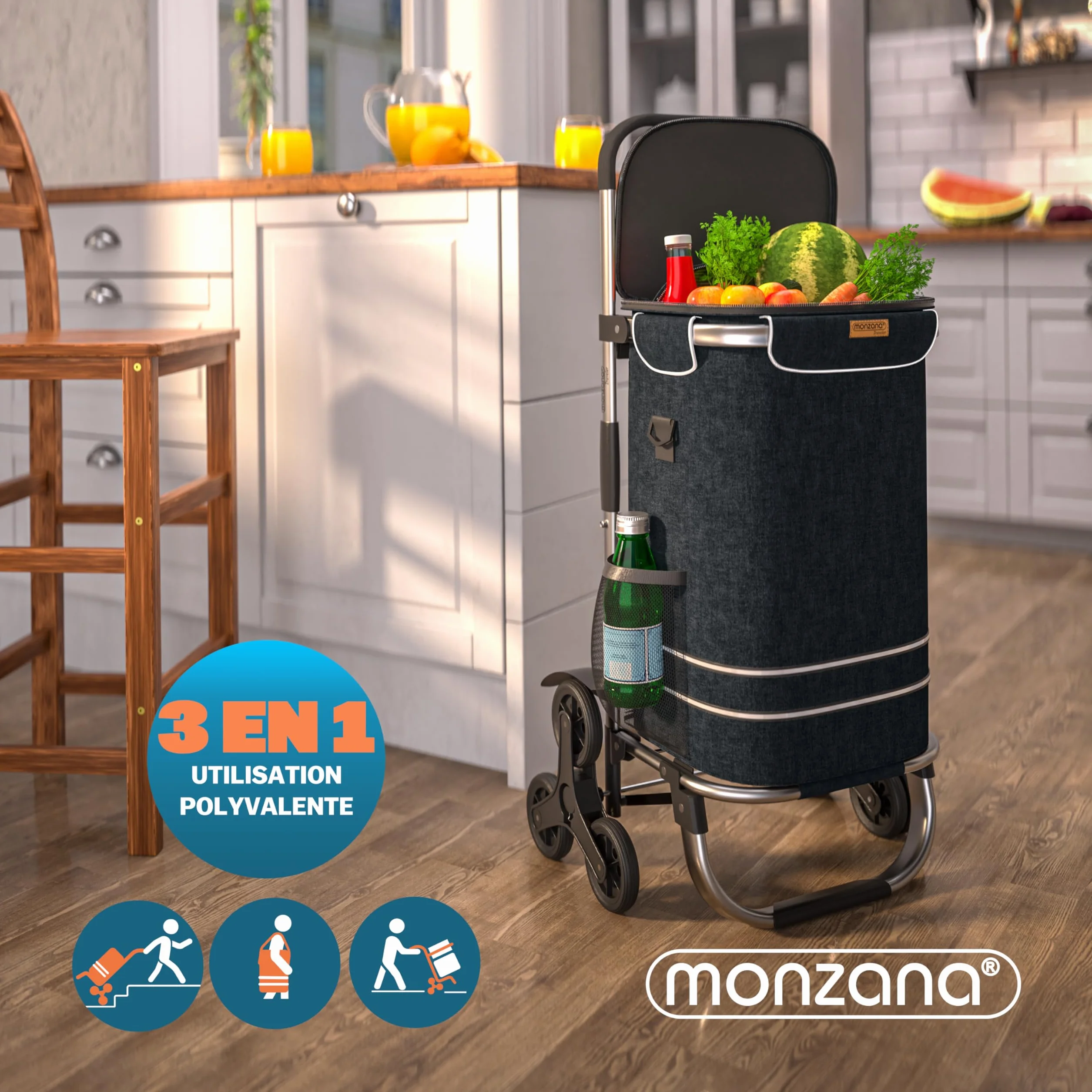 MONZANA Chariot de courses 56 litres 3 en 1 pliable noir isotherme 6 roues