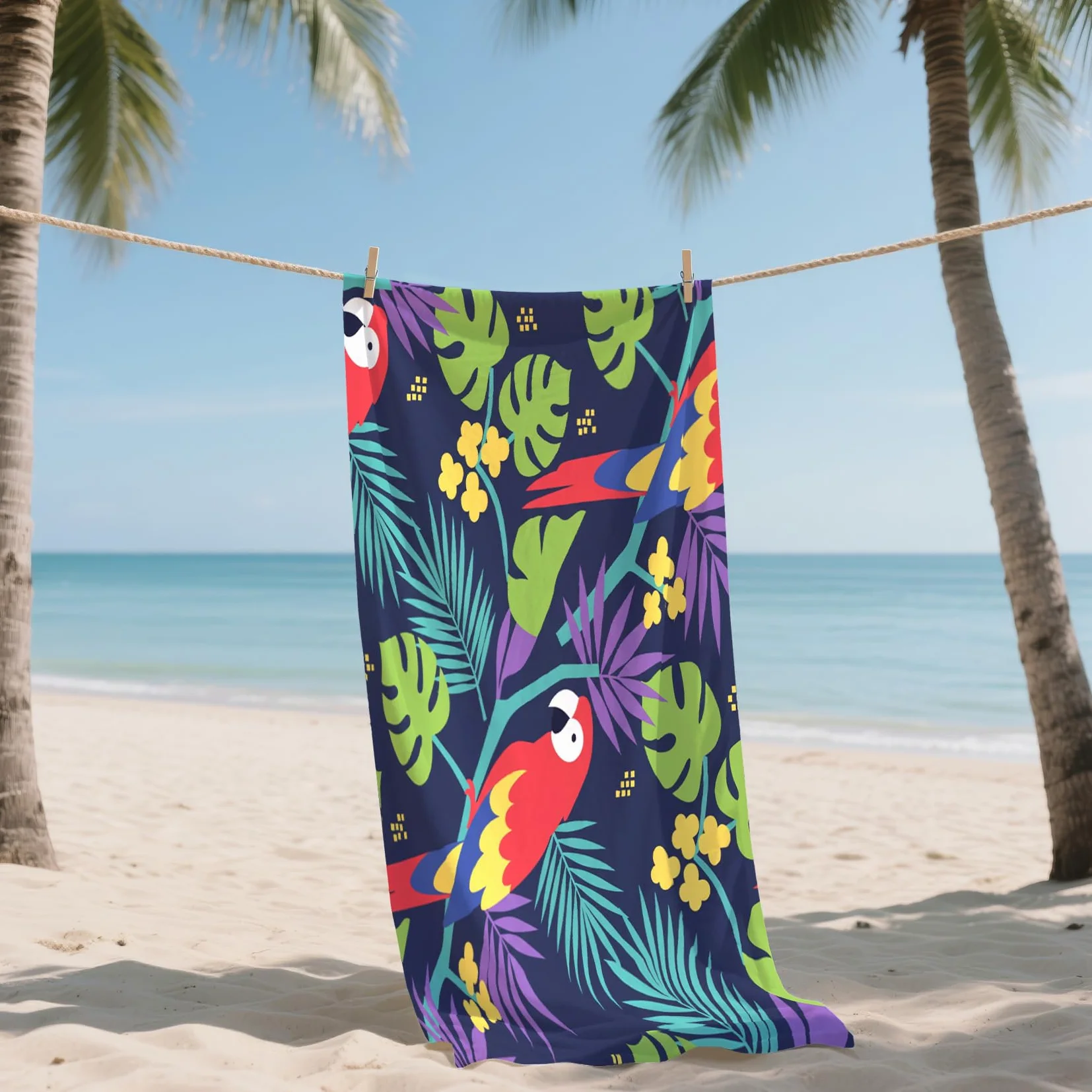 Serviette de Plage XXL Microfibre Perroquet Oiseaux Tropicaux Monstera, Drap de Plage Séchage Rapide Anti Sable & Légère, Serviette de Bain Grande Taille 150x200 cm, Accessoire