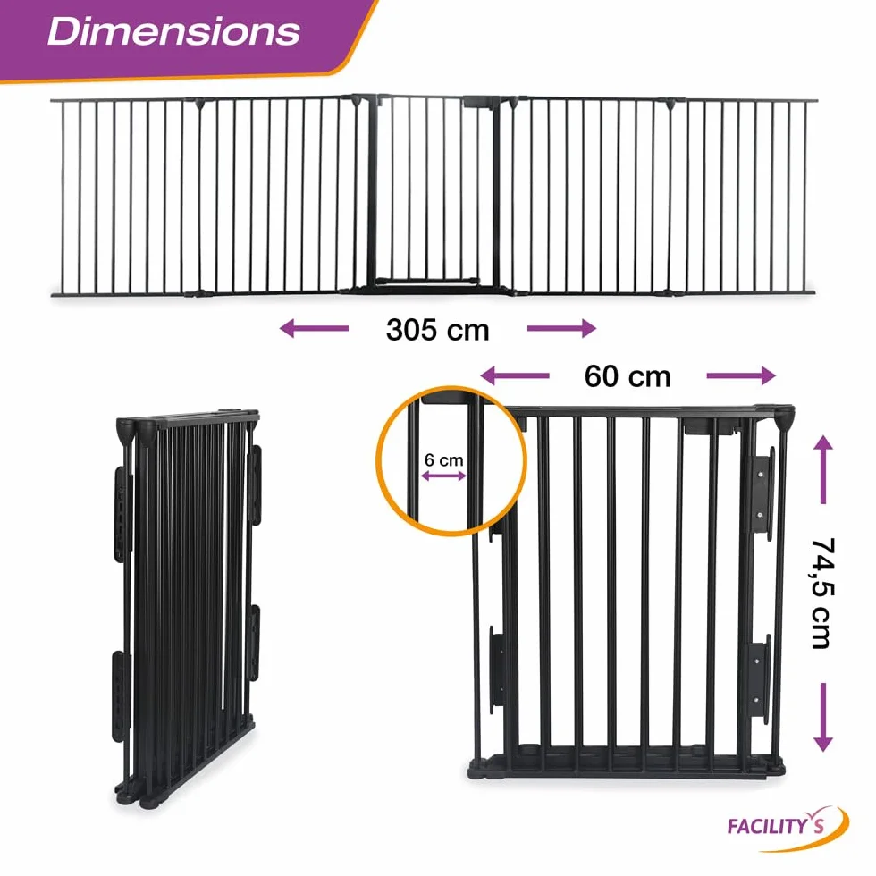 FACILITYS Barrière de Sécurité Enfant Grille Protection Cheminée Pliable Métal 300 cm 1 Porte 5 Panneaux Préassemblés