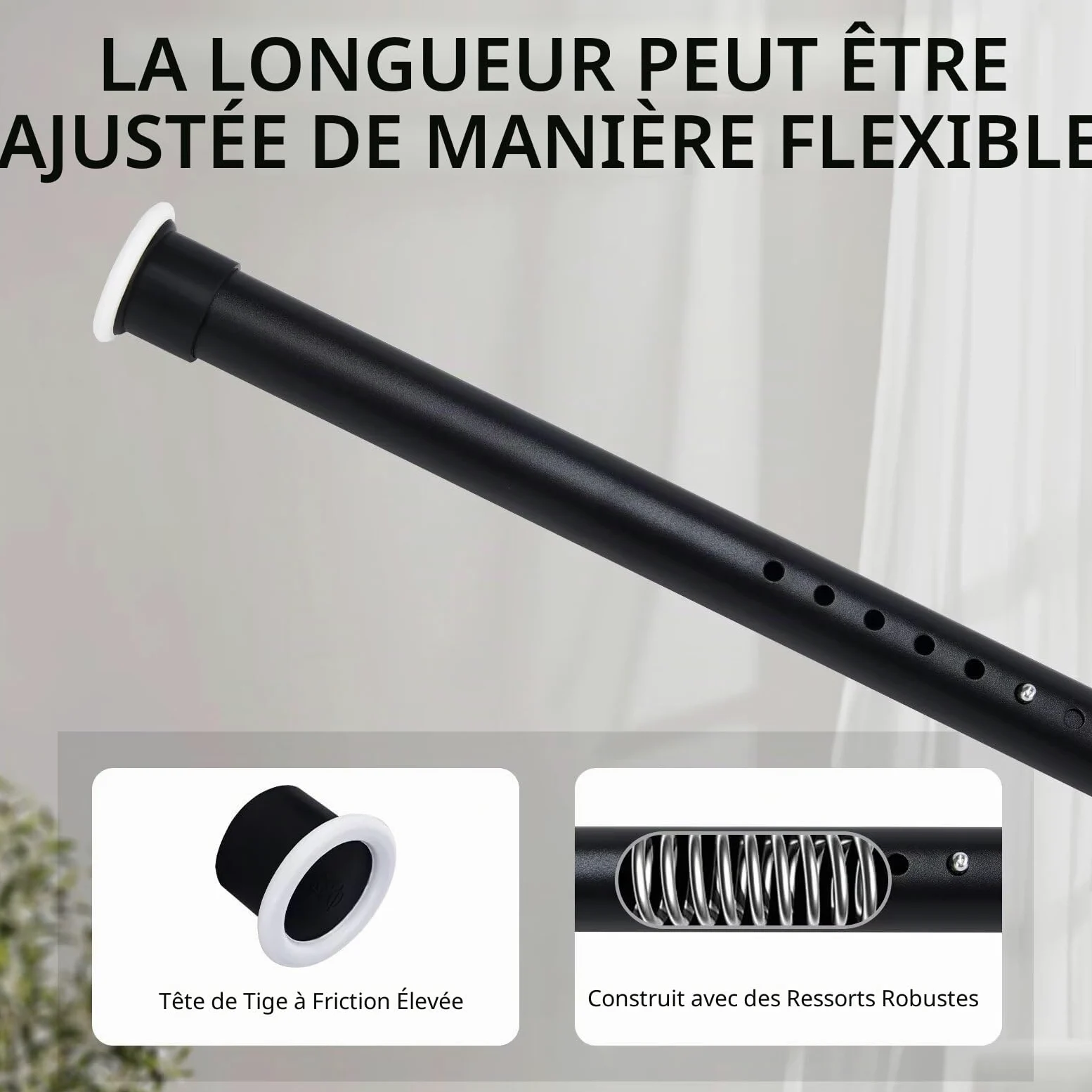 Joydeco Tringle de Rideau Douche Extensible sans Perçage 360cm-410cm, Barre Montage sans Vis en Acier Inoxydable, Diamètre 32mm, Tringle Multifonctionnel pour Salon Chambre Balcon - Noir